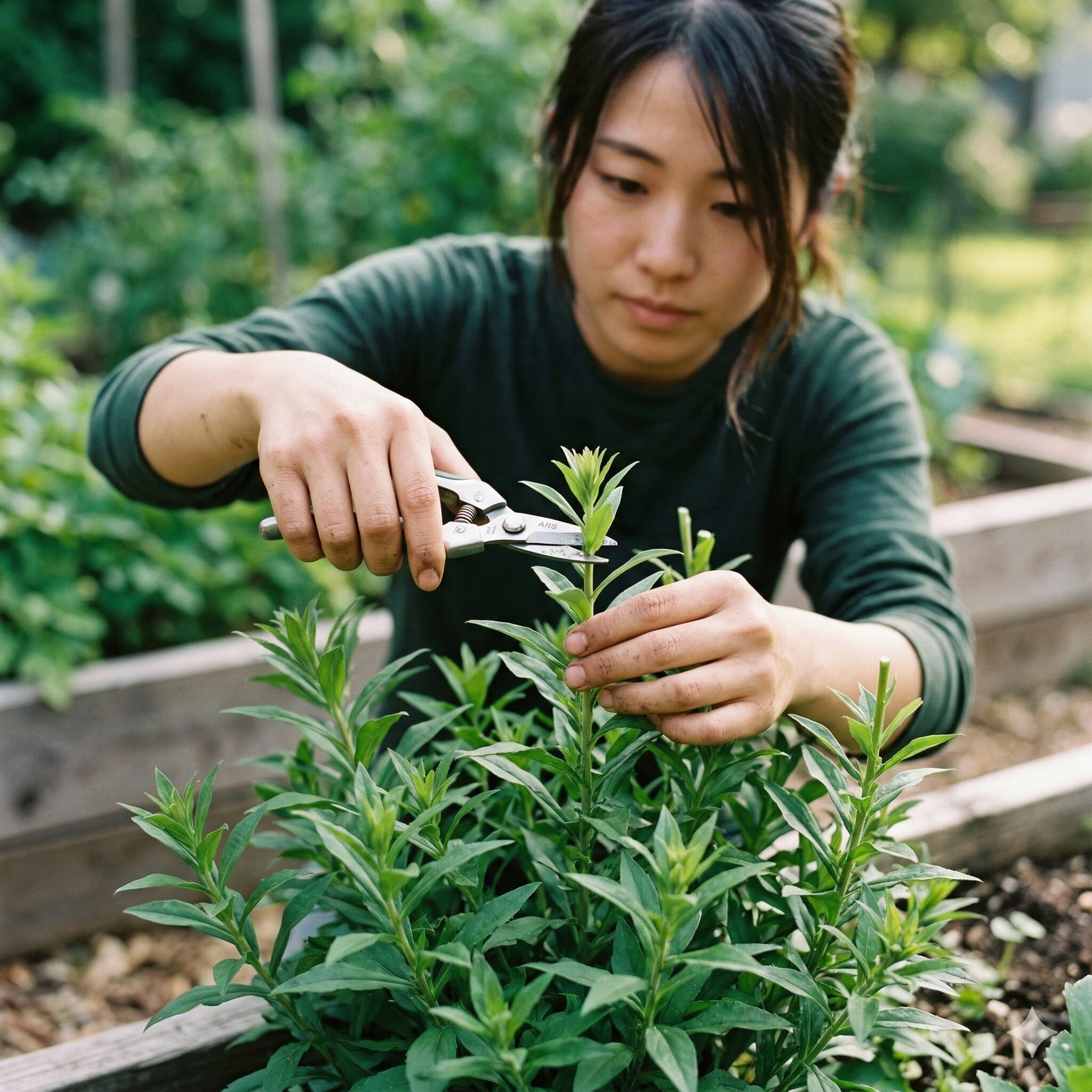 アスターに似た花4　園芸バサミを持った手が、伸びてきたクジャクアスターの茎の先端をカットしている、「摘心（ピンチ）」作業の様子。