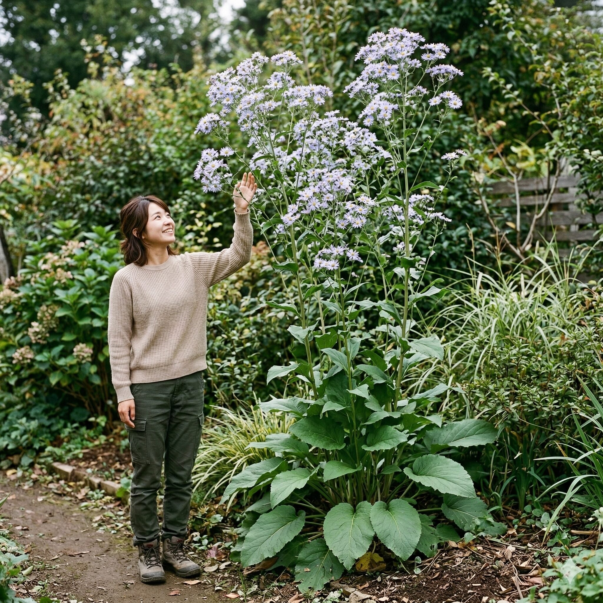 アスターに似た花6　1.5メートル以上の高さに育ち、淡い青紫色の花を咲かせるシオンの全体像。特徴的な大きな葉も写っている。