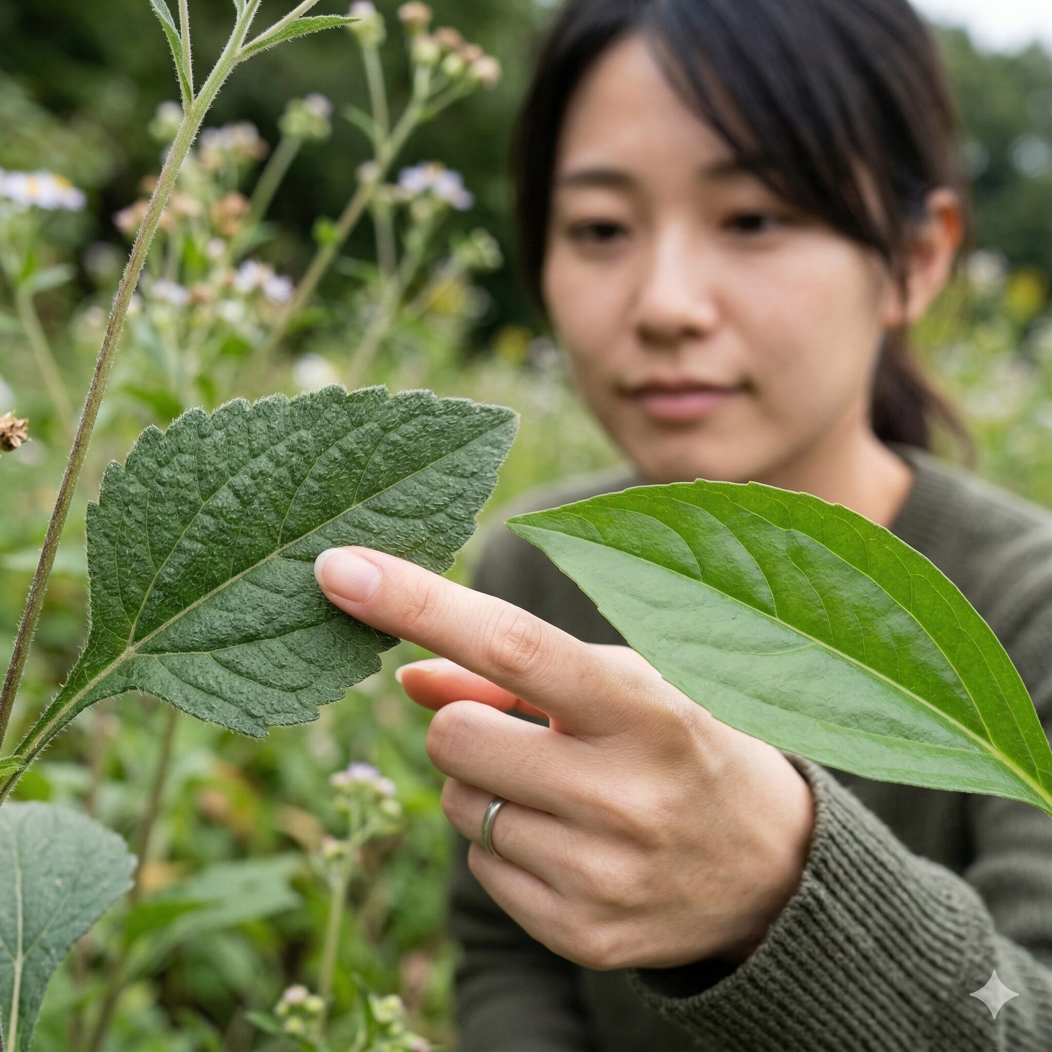 アスターに似た花7　左側に細かい毛が密集してザラザラしたノコンギクの葉、右側に平滑でツルツルしたヨメナの葉の拡大比較写真。
