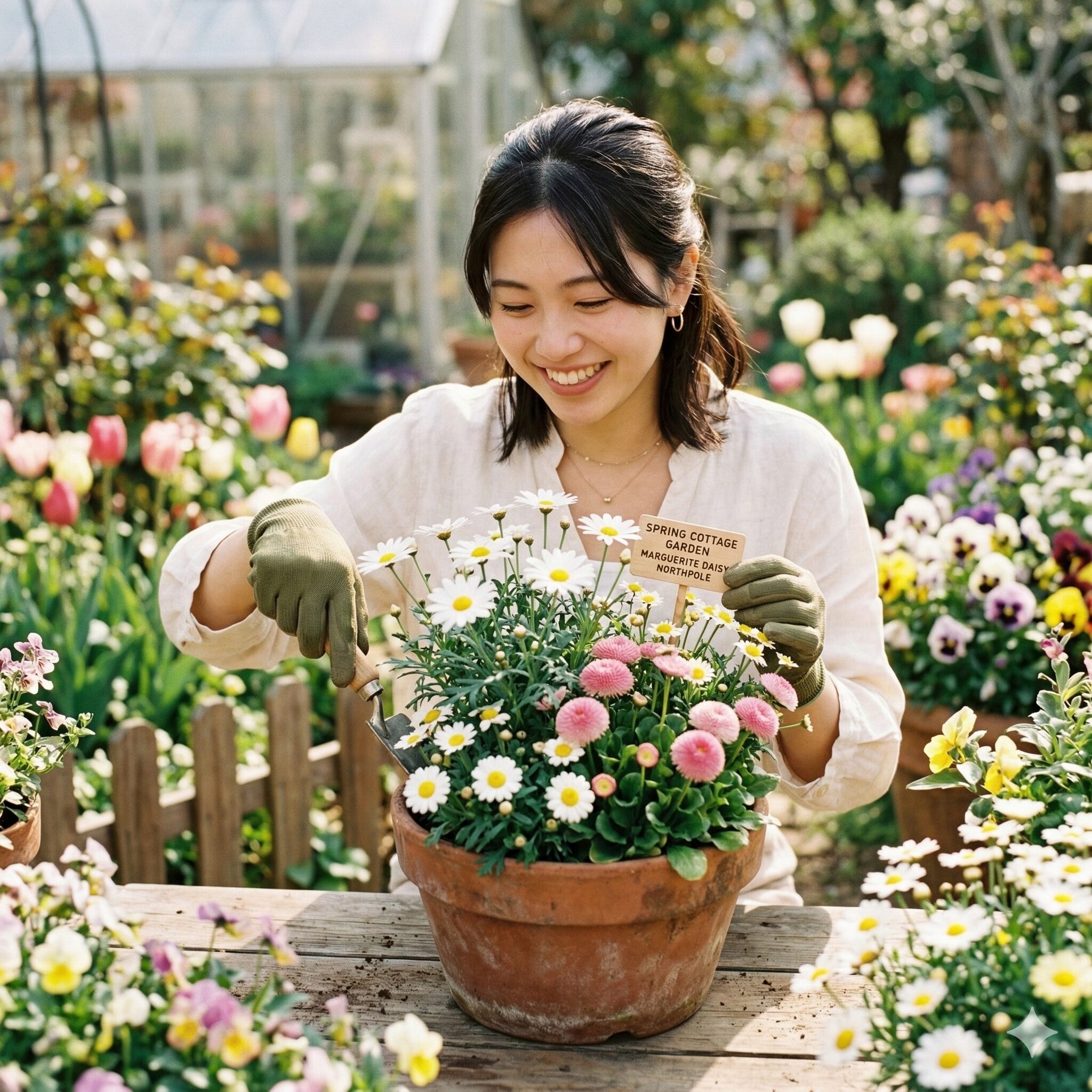 アスターに似た花8　春の明るい日差しの下で咲く、マーガレット、デージー、ノースポールの寄せ植え。