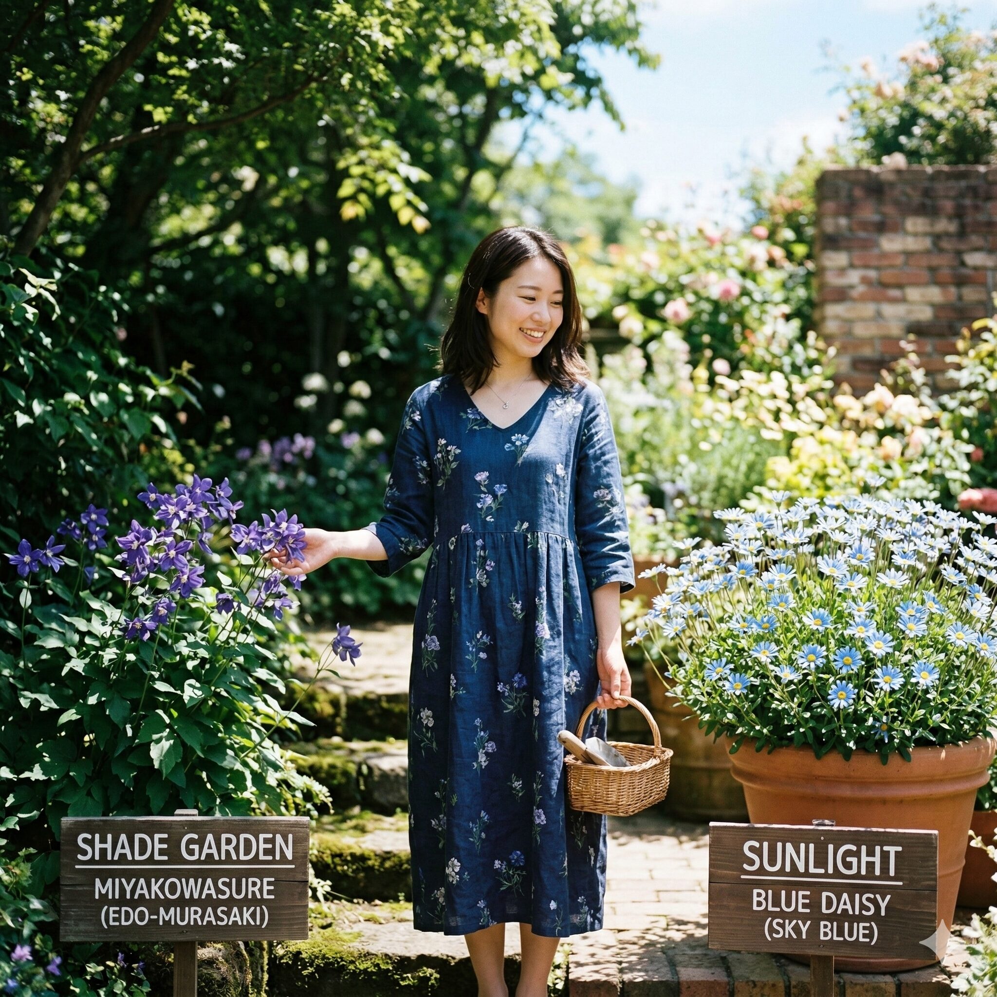 アスターに似た花9　左側に半日陰を好む上品な紫色のミヤコワスレ、右側に日向を好む鮮やかな青色のブルーデージーを並べた、性質の違いを伝える比較写真。