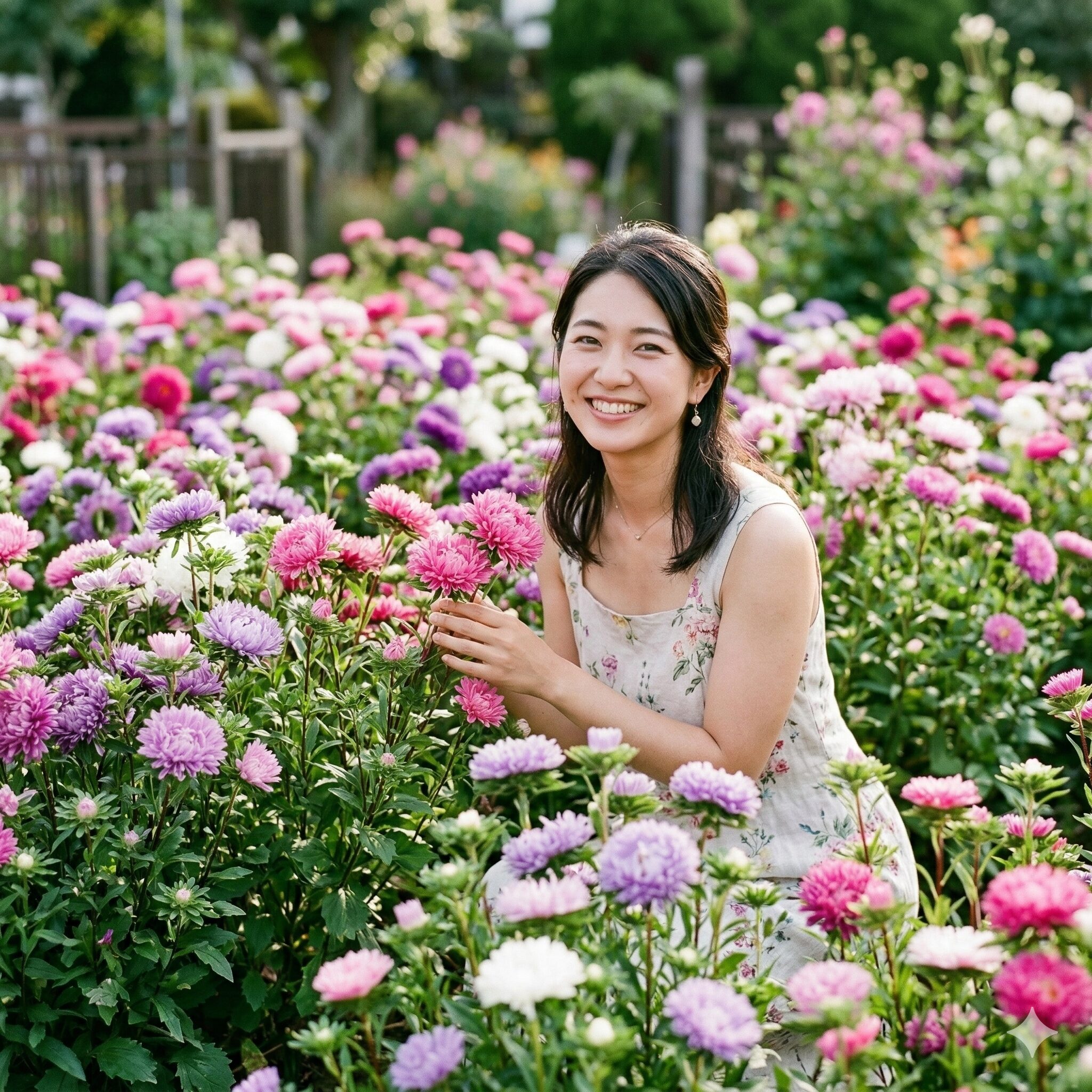 アスターの種の取り方1　庭を彩る色鮮やかなアスター（エゾギク）の満開の花々。