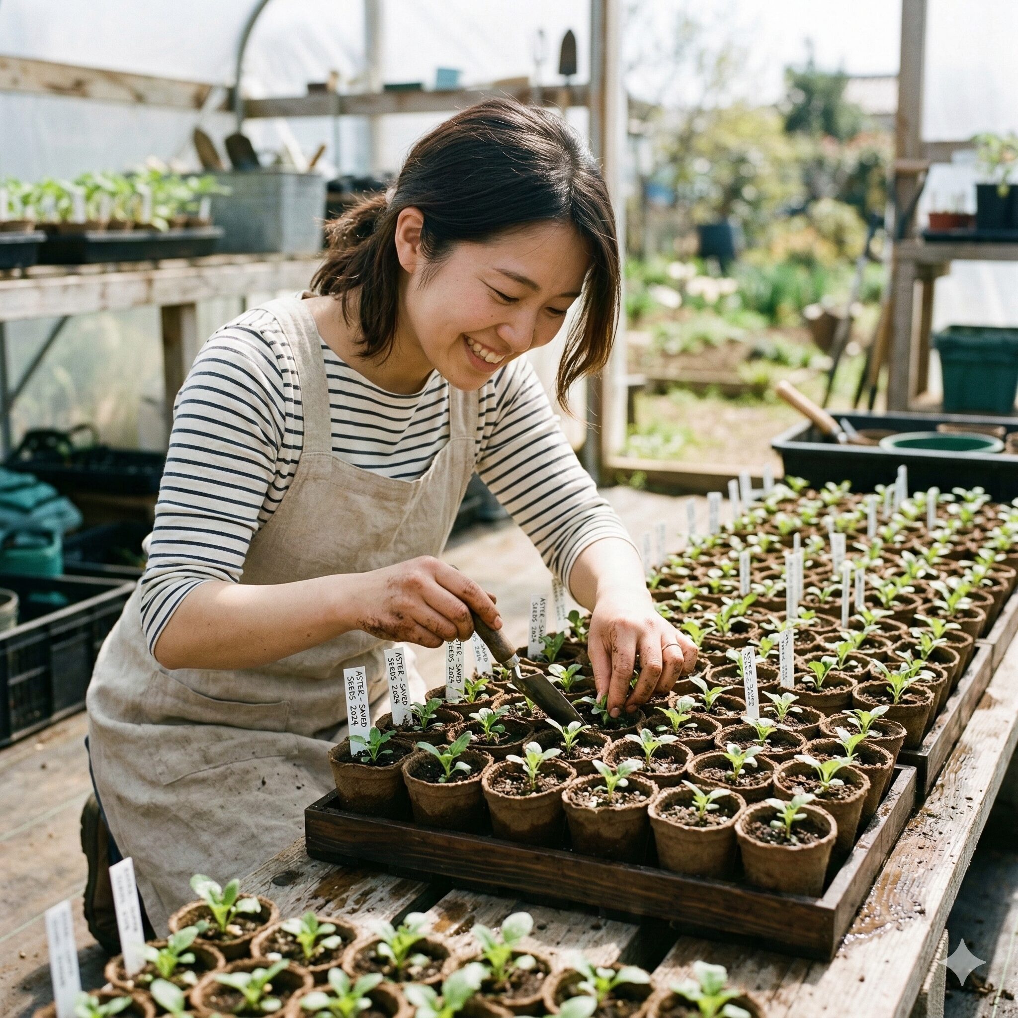 アスターの種の取り方10 自家採種した種から元気に発芽したアスターの若苗。