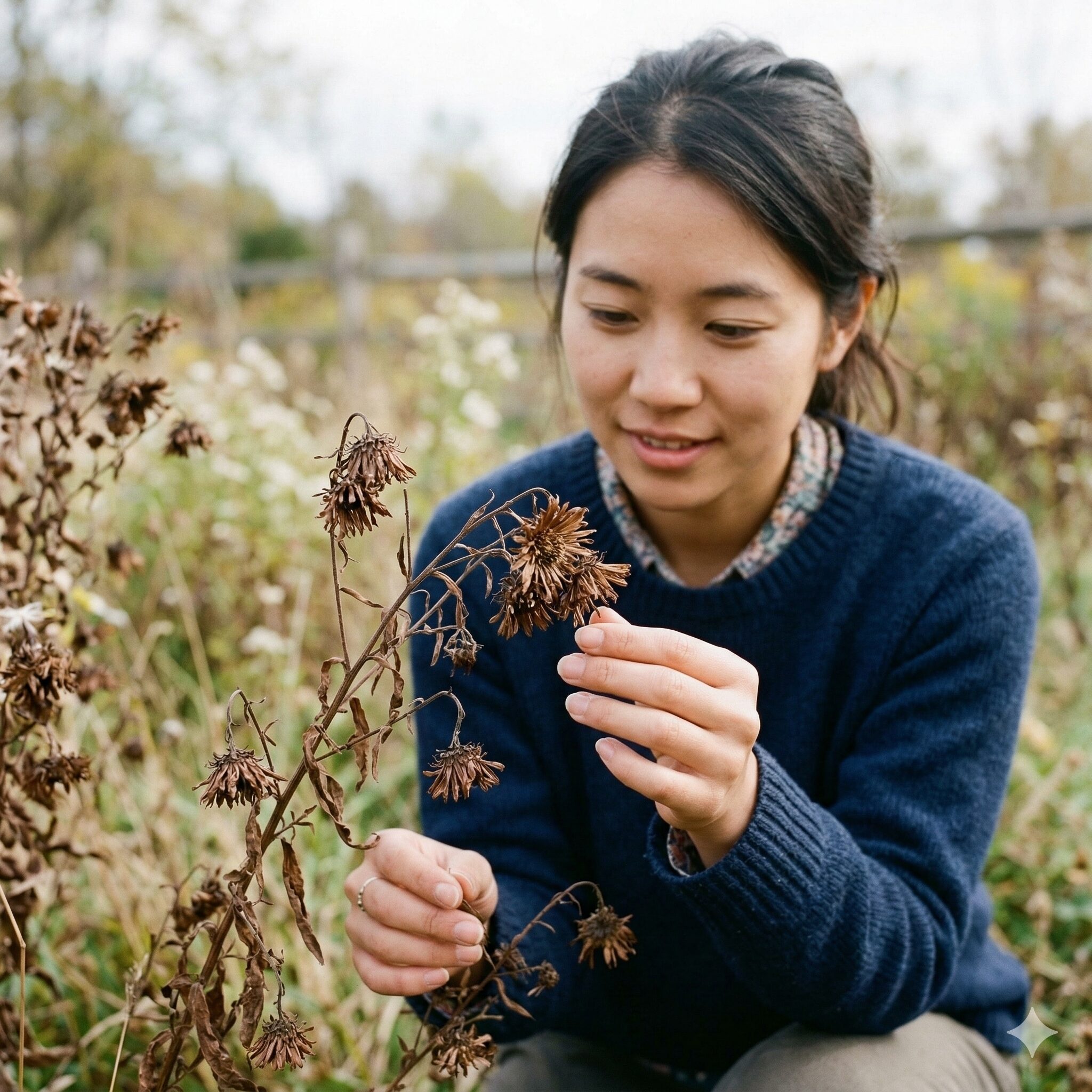 アスターの種の取り方2 採種の目安となる、茶色く枯れてカサカサになったアスターの花。