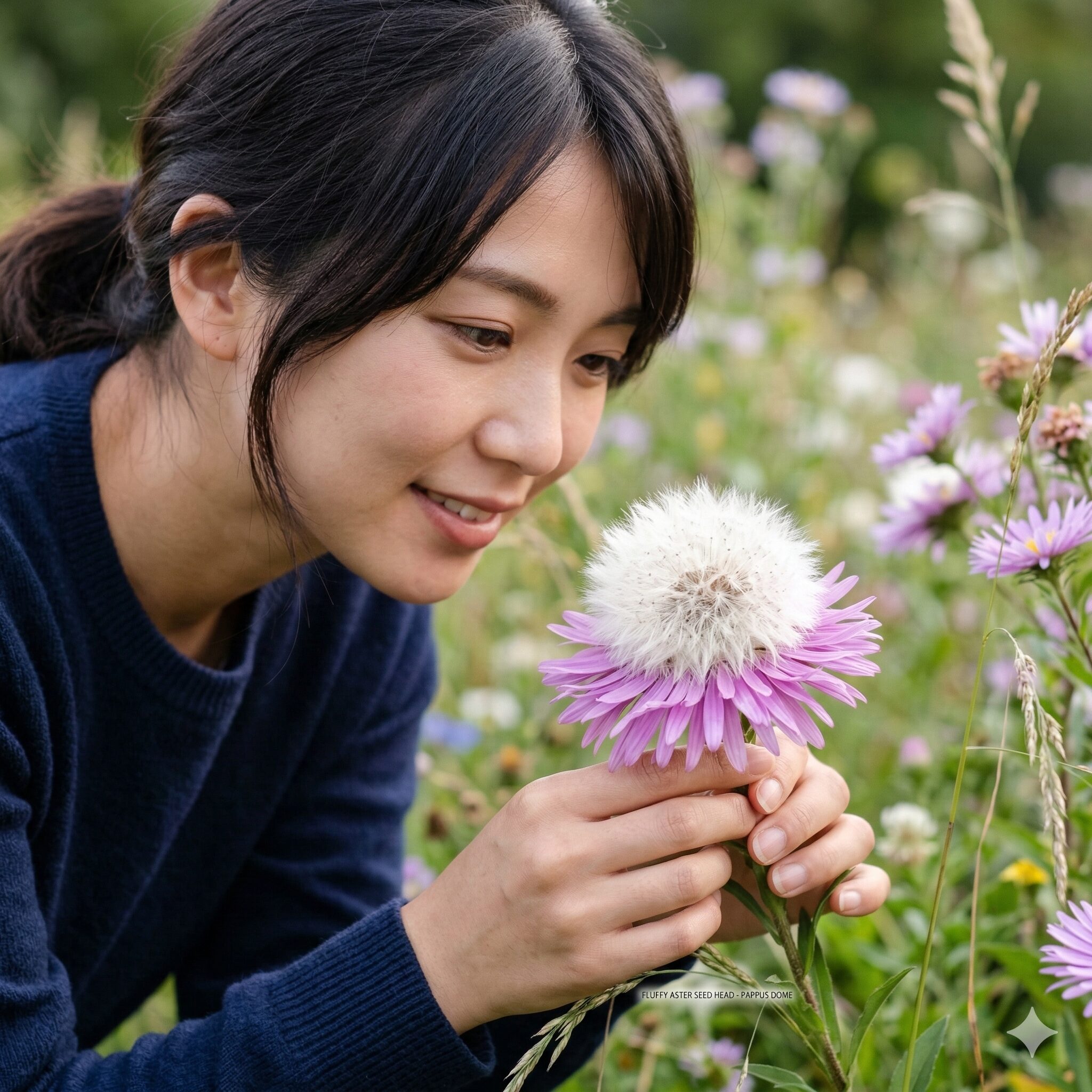 アスターの種の取り方3 完熟のサインである、白くふんわりと盛り上がったアスターの綿毛(冠毛)。