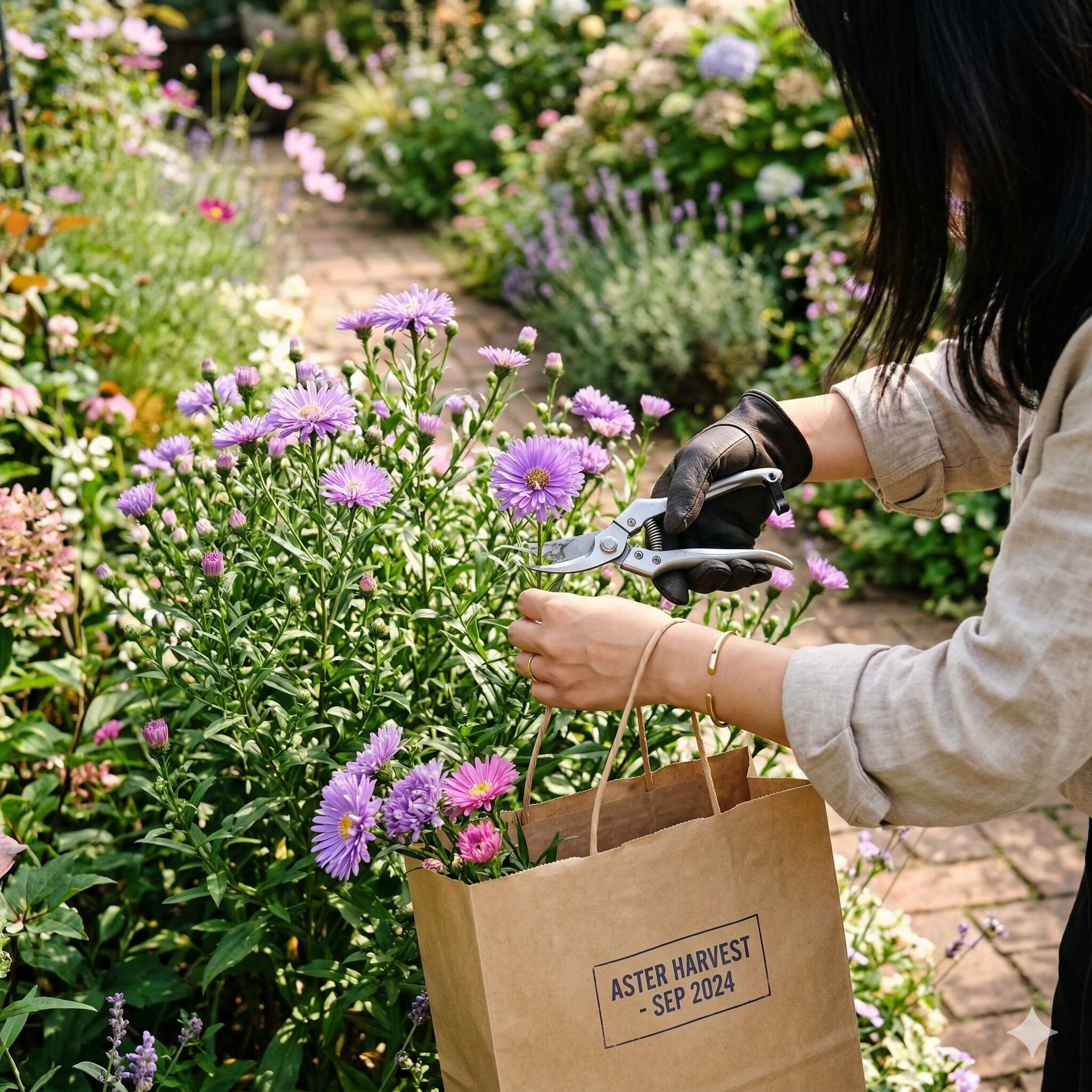 アスターの種の取り方4 晴天の日にハサミを使ってアスターの種を採取する収穫作業。