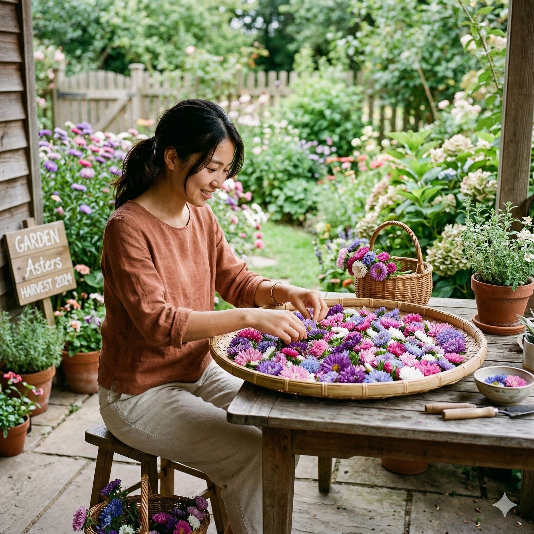 アスターの種の取り方5 採取したアスターの花頭を風通しの良い日陰で予備乾燥させる工程。