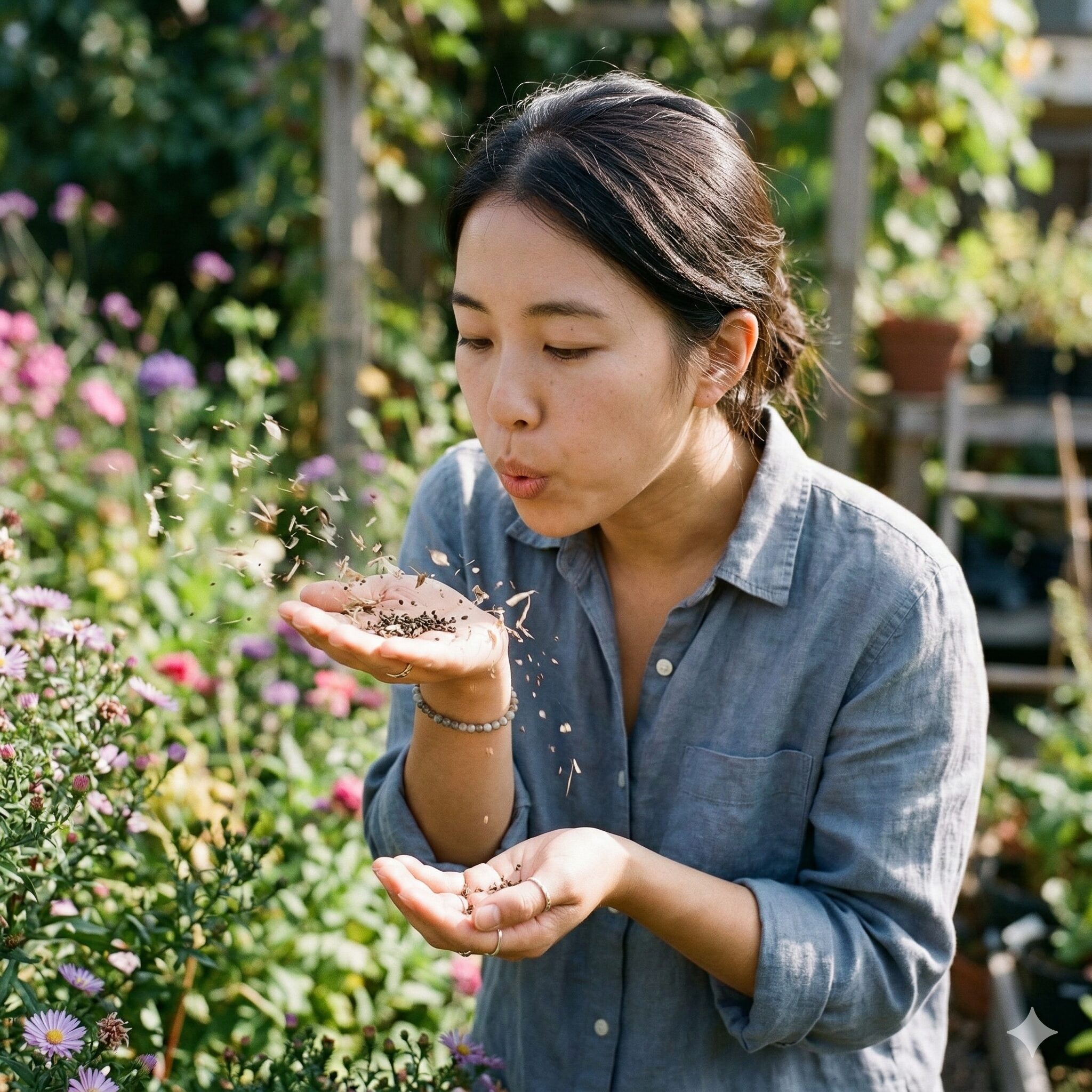 アスターの種の取り方7 息を吹きかけてアスターの種子とゴミを選別する風選(ふうせん)の様子。