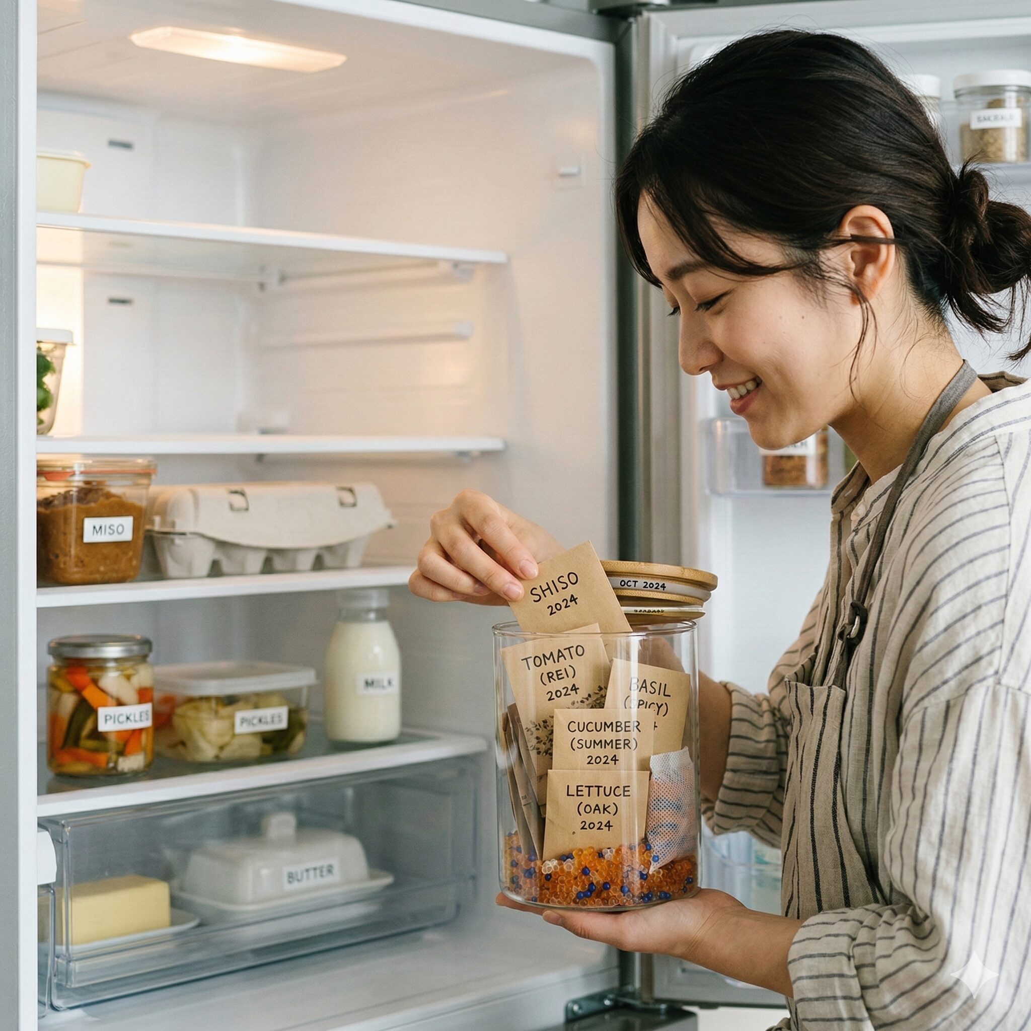 アスターの種の取り方8 乾燥剤と一緒に密閉容器に入れ、冷蔵庫で低温保存されるアスターの種。