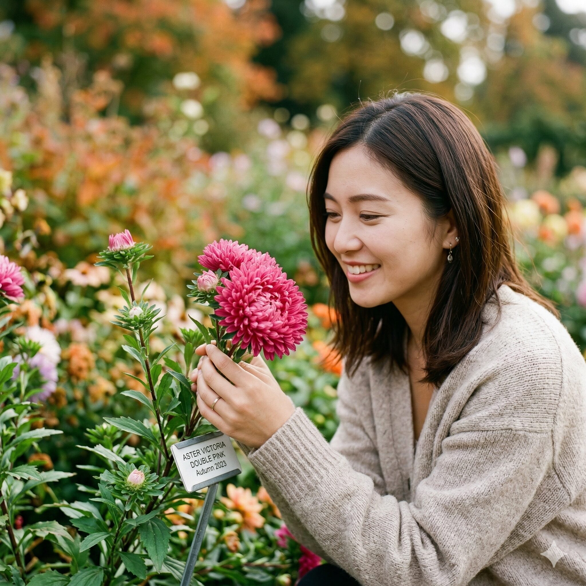 アスタービクトリア 冬越し1　秋の庭で美しく咲くピンク色のアスタービクトリアの八重咲きの花