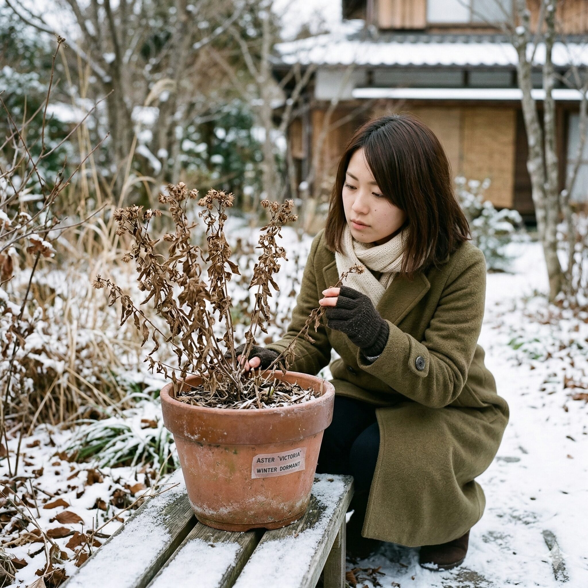 アスタービクトリア 冬越し3 冬の休眠期に入り地上部が茶色く枯れたアスタービクトリアの鉢植え