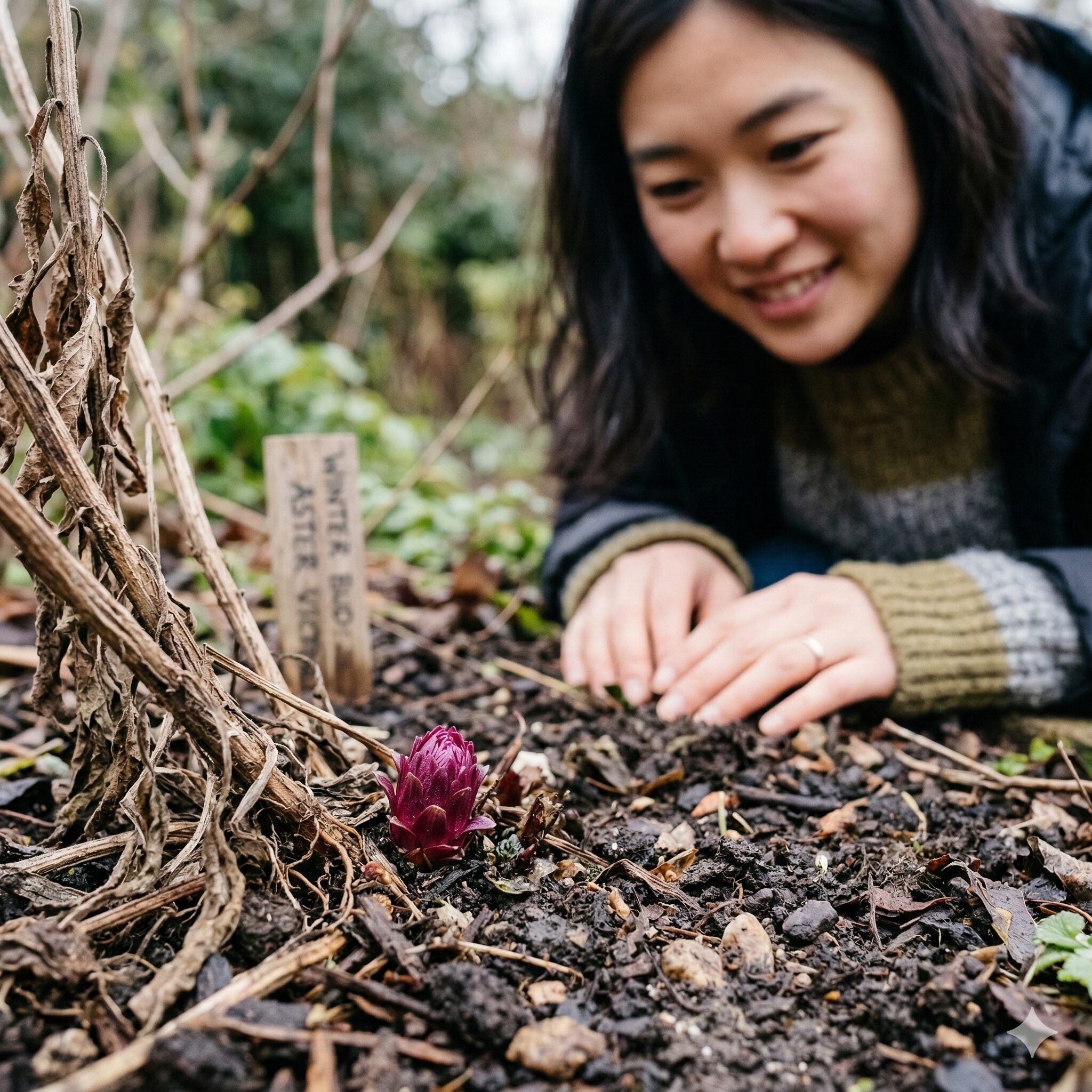 アスタービクトリア 冬越し4 アスタービクトリアの株元に顔を出した小さく硬い赤紫色の冬至芽