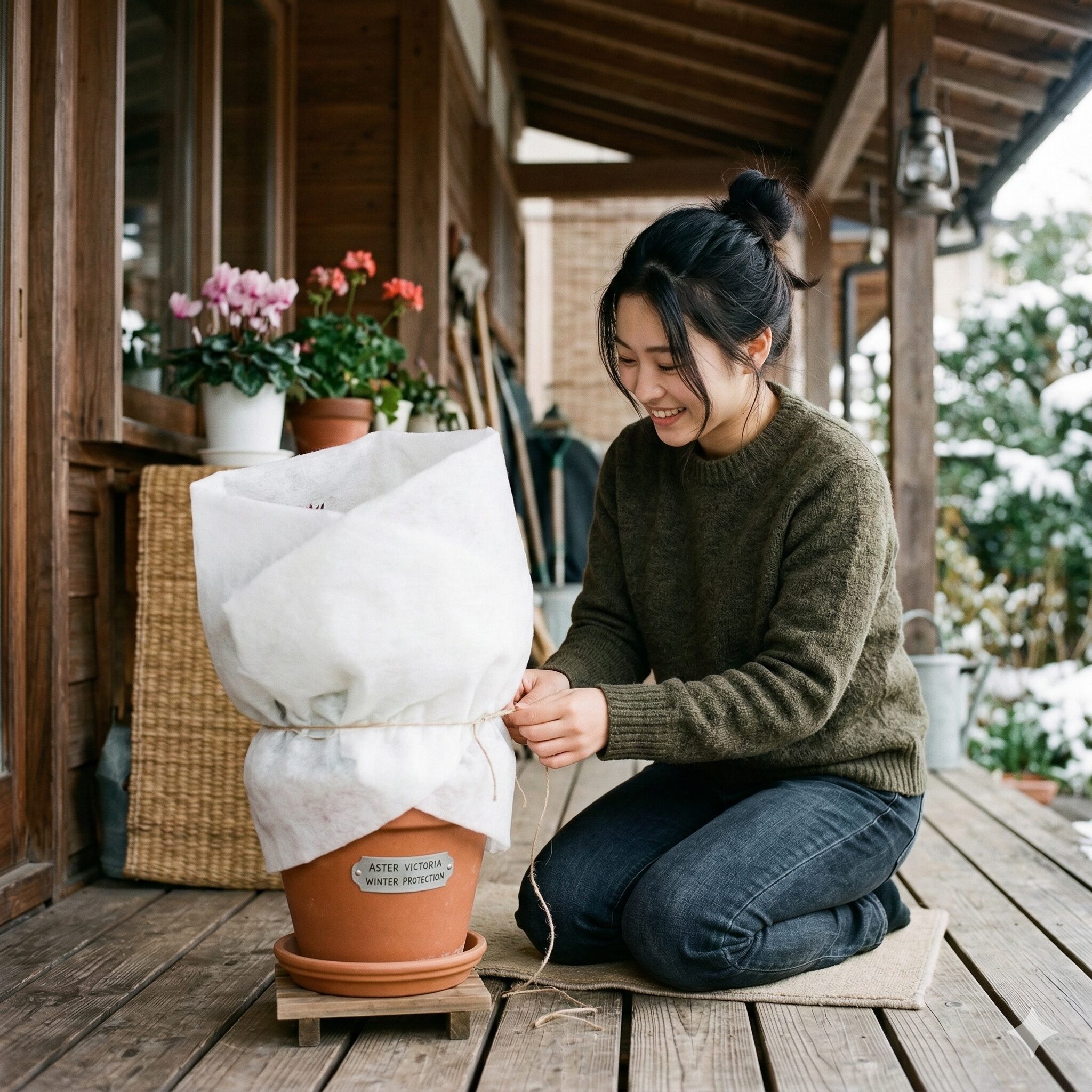 アスタービクトリア 冬越し5 冬の寒さから守るために不織布で保護されたアスタービクトリアの鉢植え