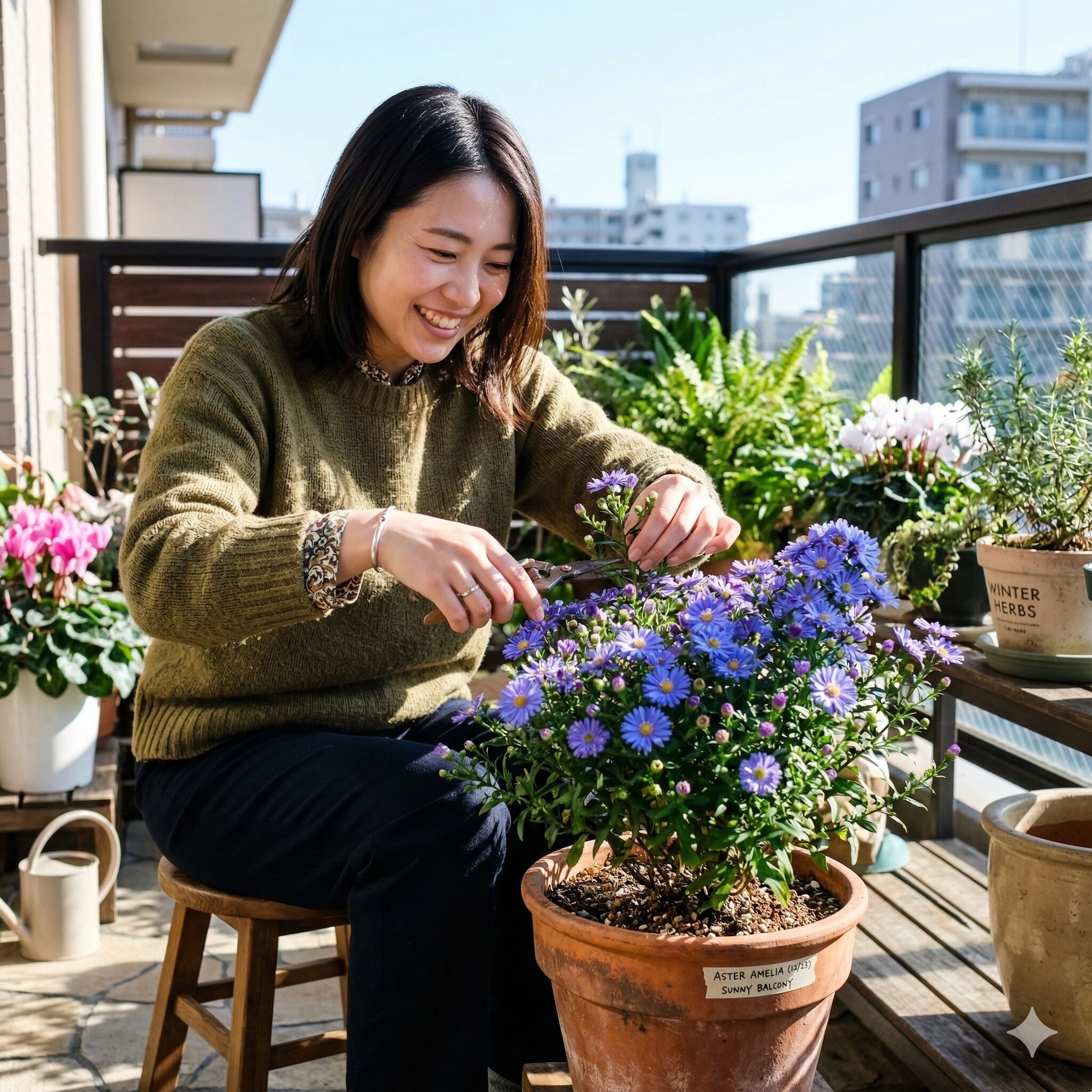 アスタービクトリア 冬越し6 冬の柔らかな日差しを浴びるベランダの日当たりの良い場所に置かれた鉢植え