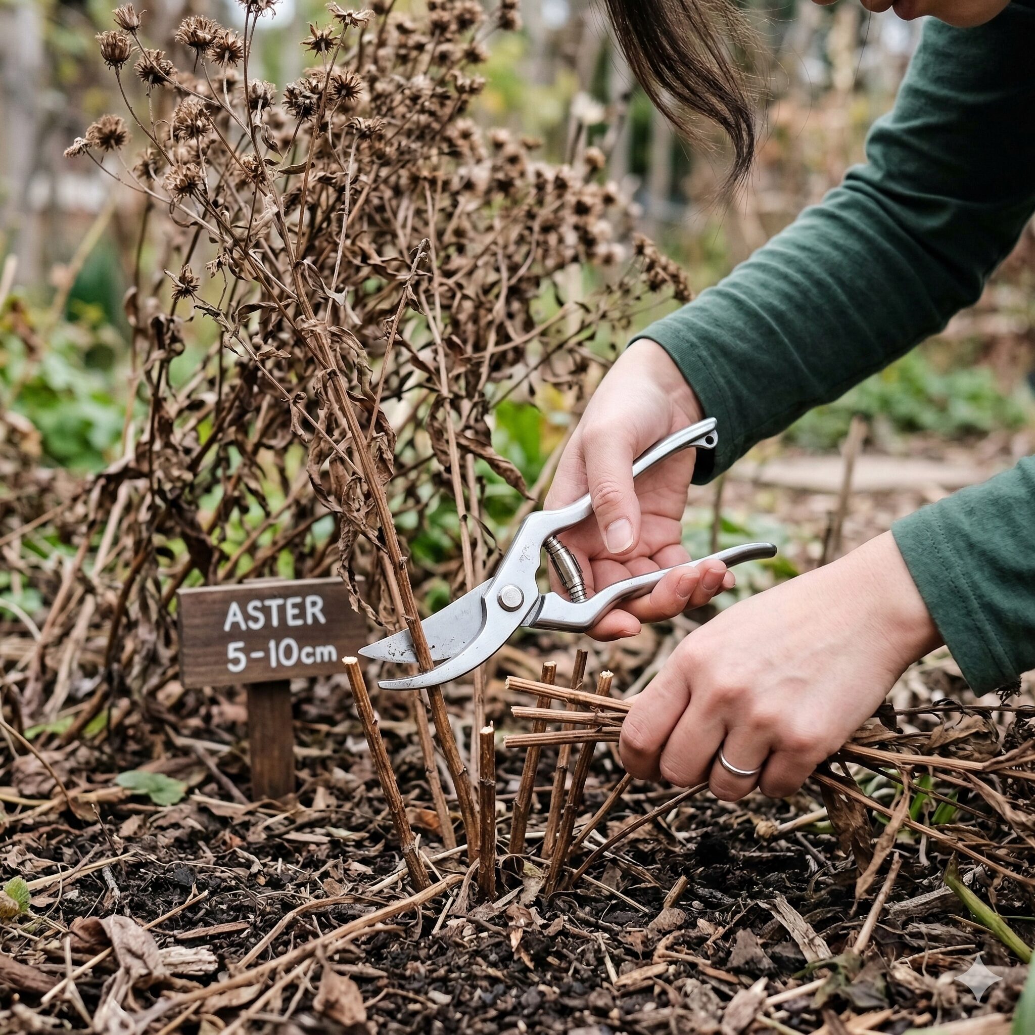 アスタービクトリア 冬越し7 園芸ハサミを使用してアスタービクトリアを地際近くで切り戻す作業