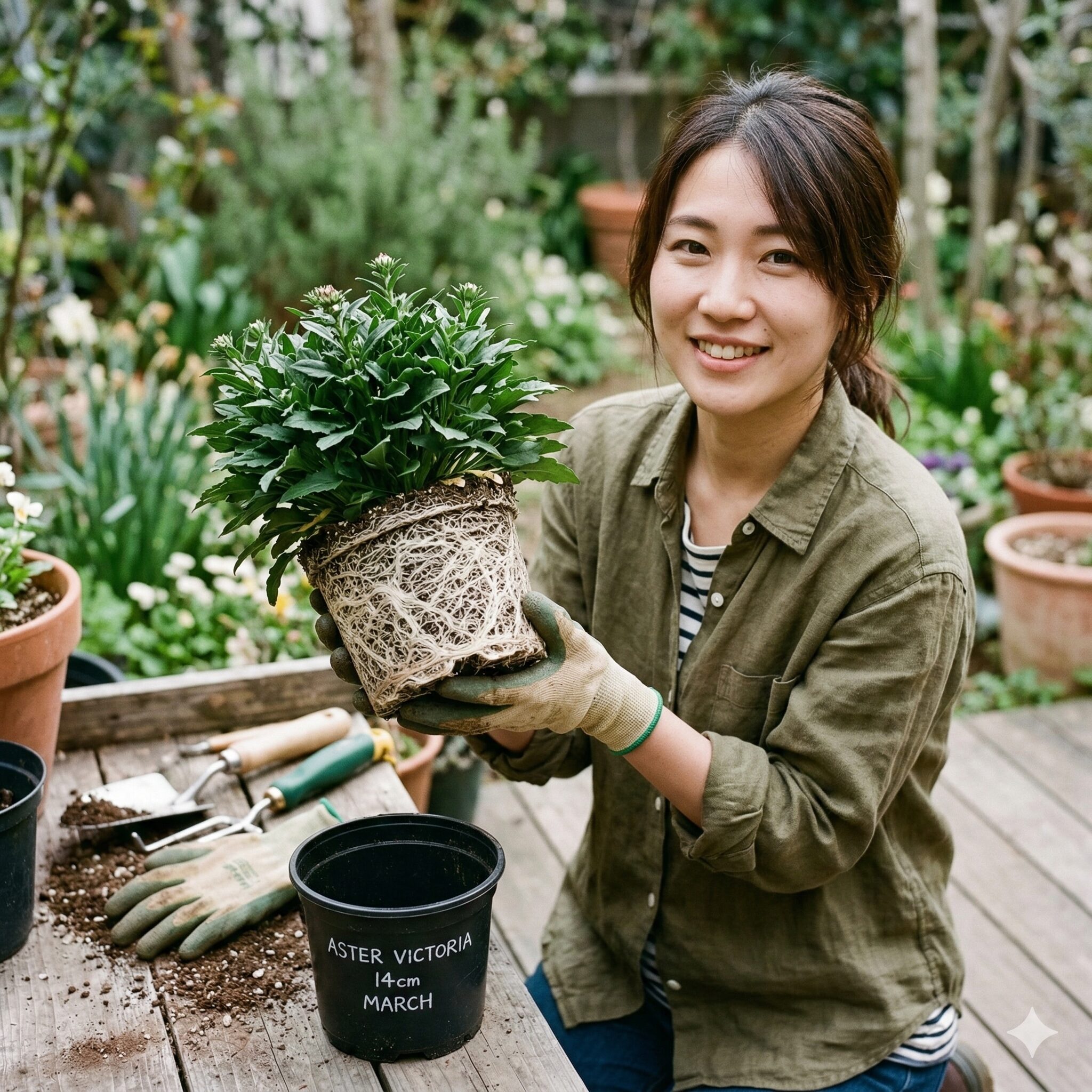 アスタービクトリア 冬越し9 鉢から抜いたアスタービクトリアの根がびっしりと回った根詰まり状態の根鉢