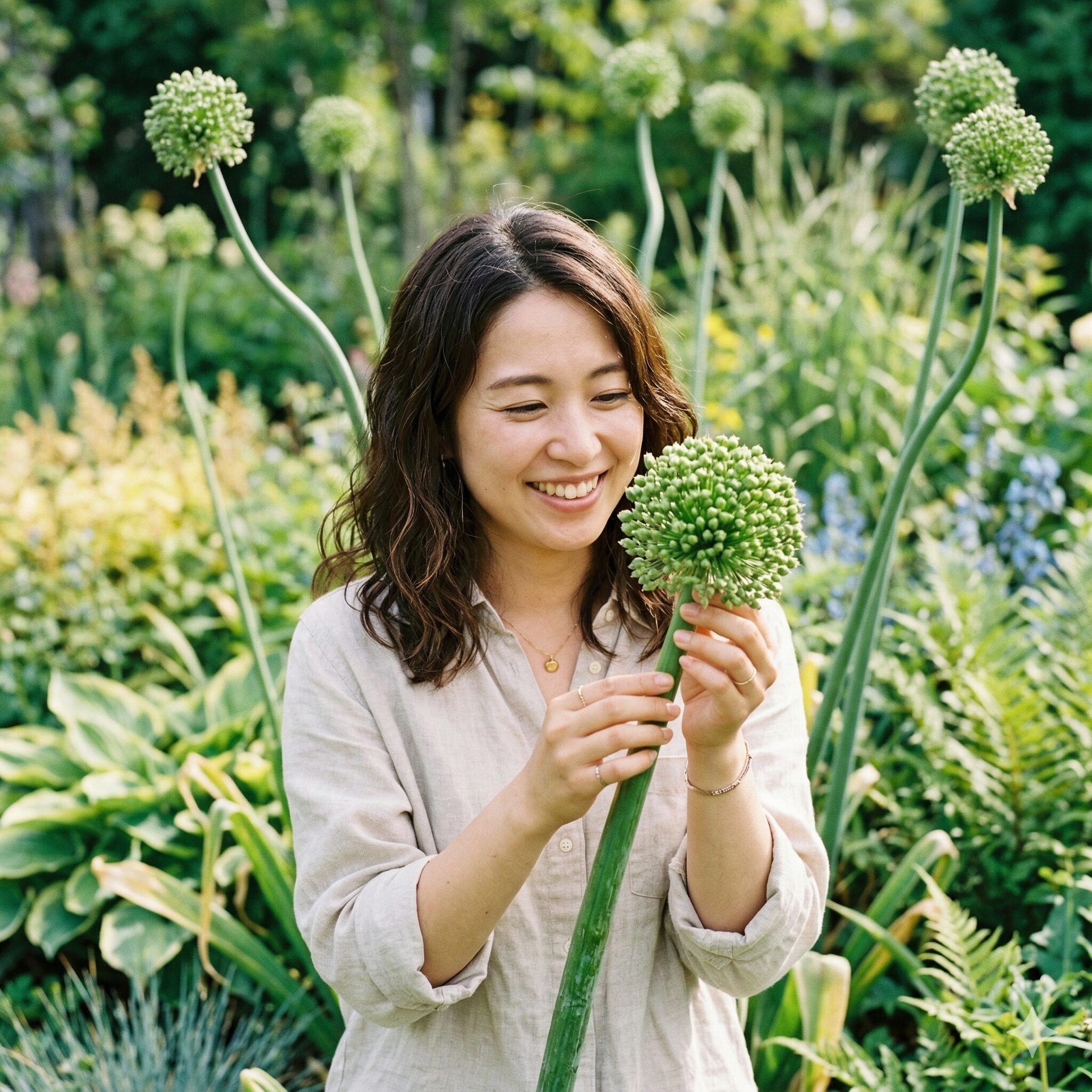 アリウム グリーン ベリー1　庭でアリウム・グリーンベリーを育てるMy Garden編集部スタッフの様子