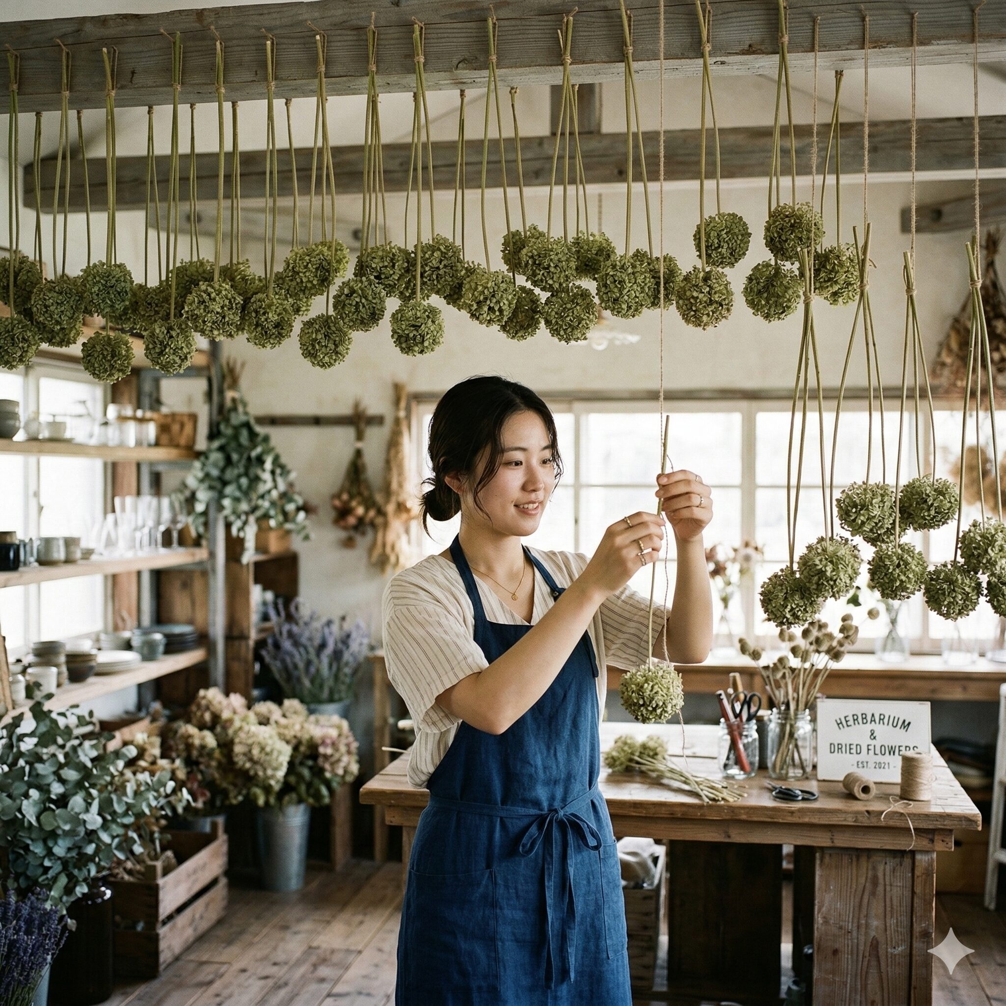 アリウム グリーン ベリー10　吊るして乾燥させるアリウム・グリーンベリーのドライフラワー制作風景