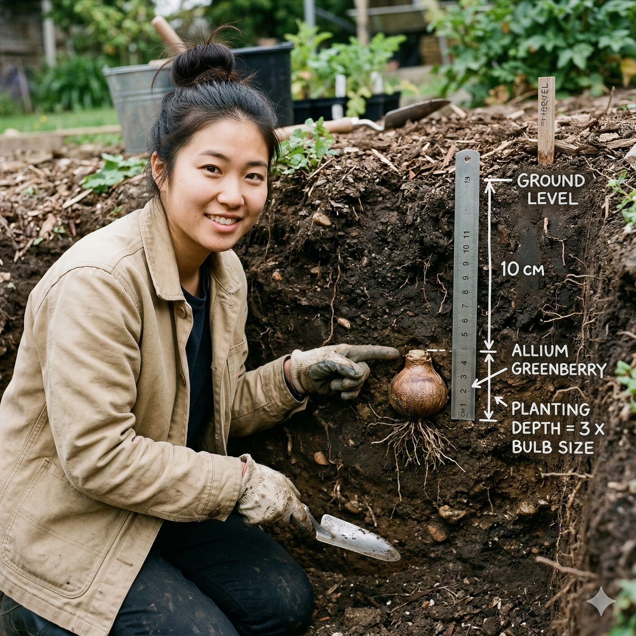 アリウム グリーン ベリー2　アリウム・グリーンベリーの球根を深さ10cmに植え付ける目安を示す解説写真