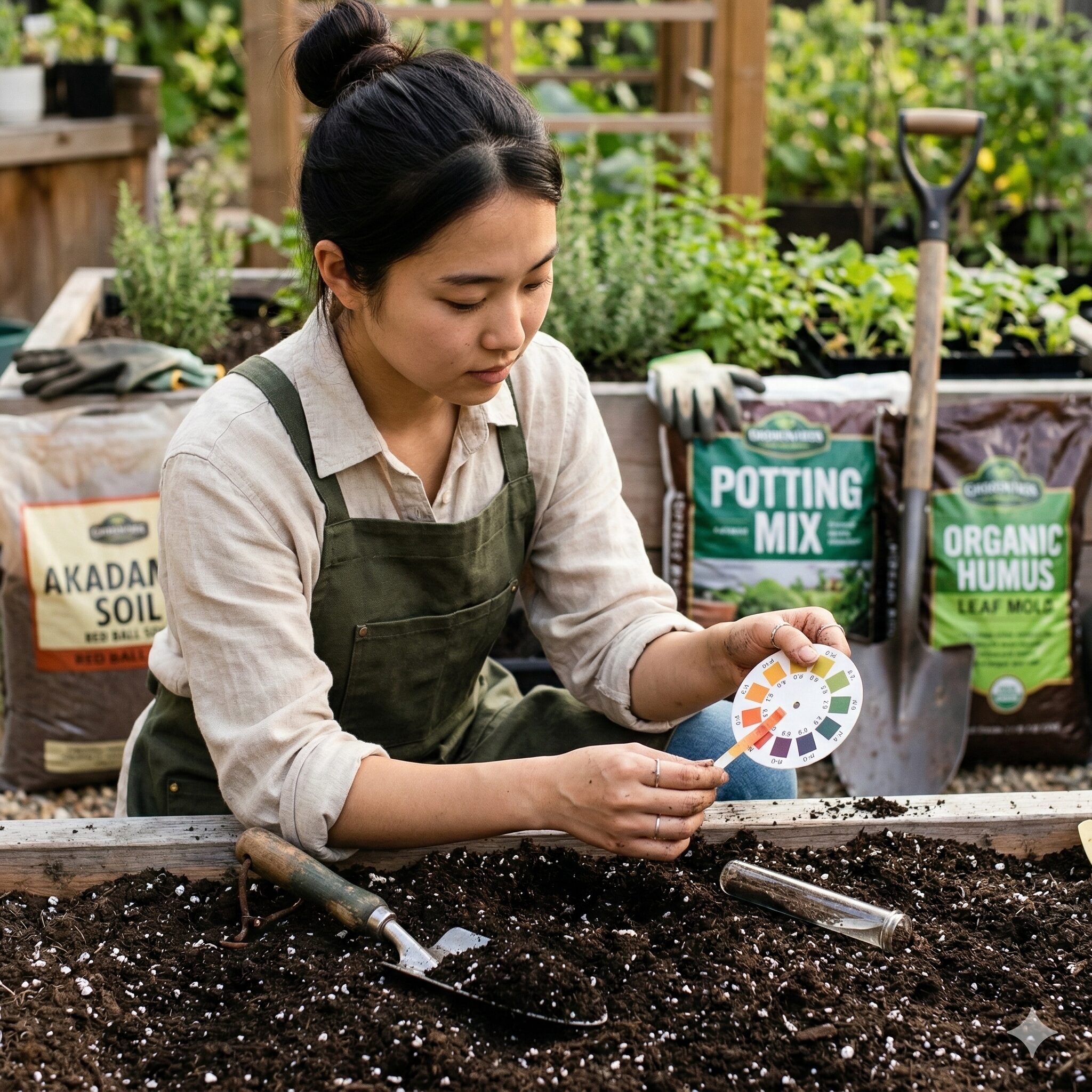 アリウム グリーン ベリー3　アリウム・グリーンベリーに最適な土壌pHを調整するために苦土石灰を混ぜる作業