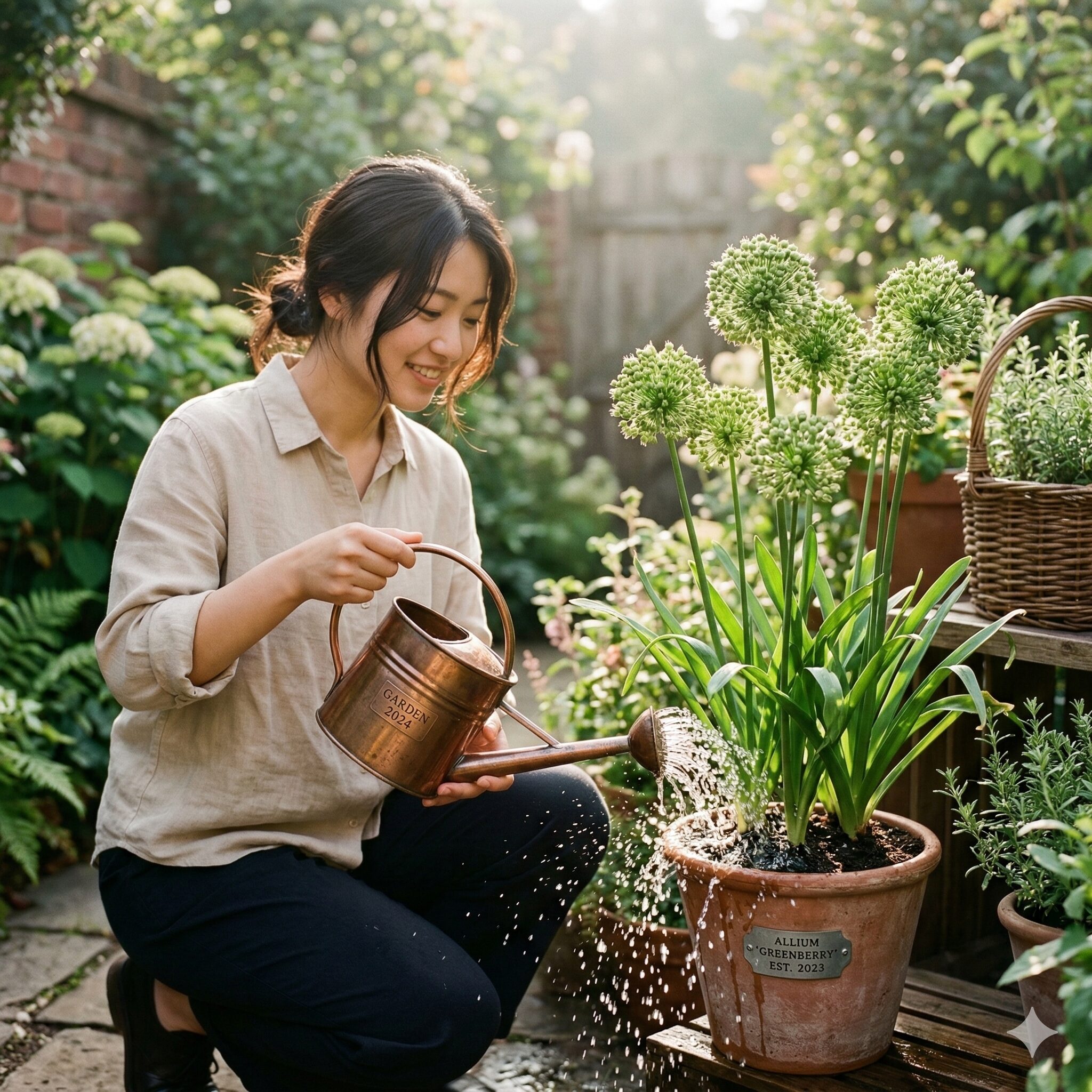 アリウム グリーン ベリー4　成長期のアリウム・グリーンベリーの株元へ適切に水やりを行う様子