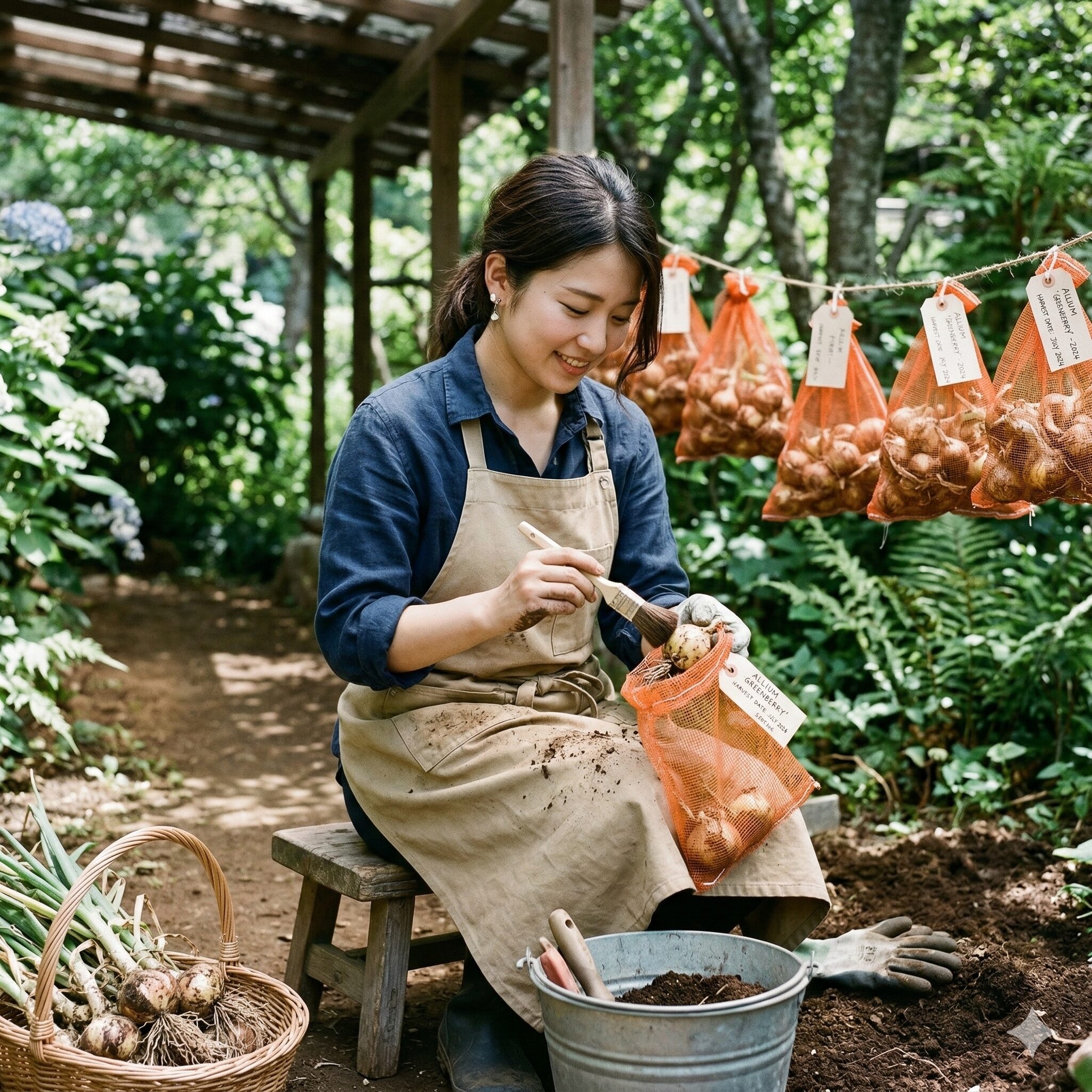 アリウム グリーン ベリー5　夏越しのために掘り上げたアリウム・グリーンベリーの球根をネットで保管する手順