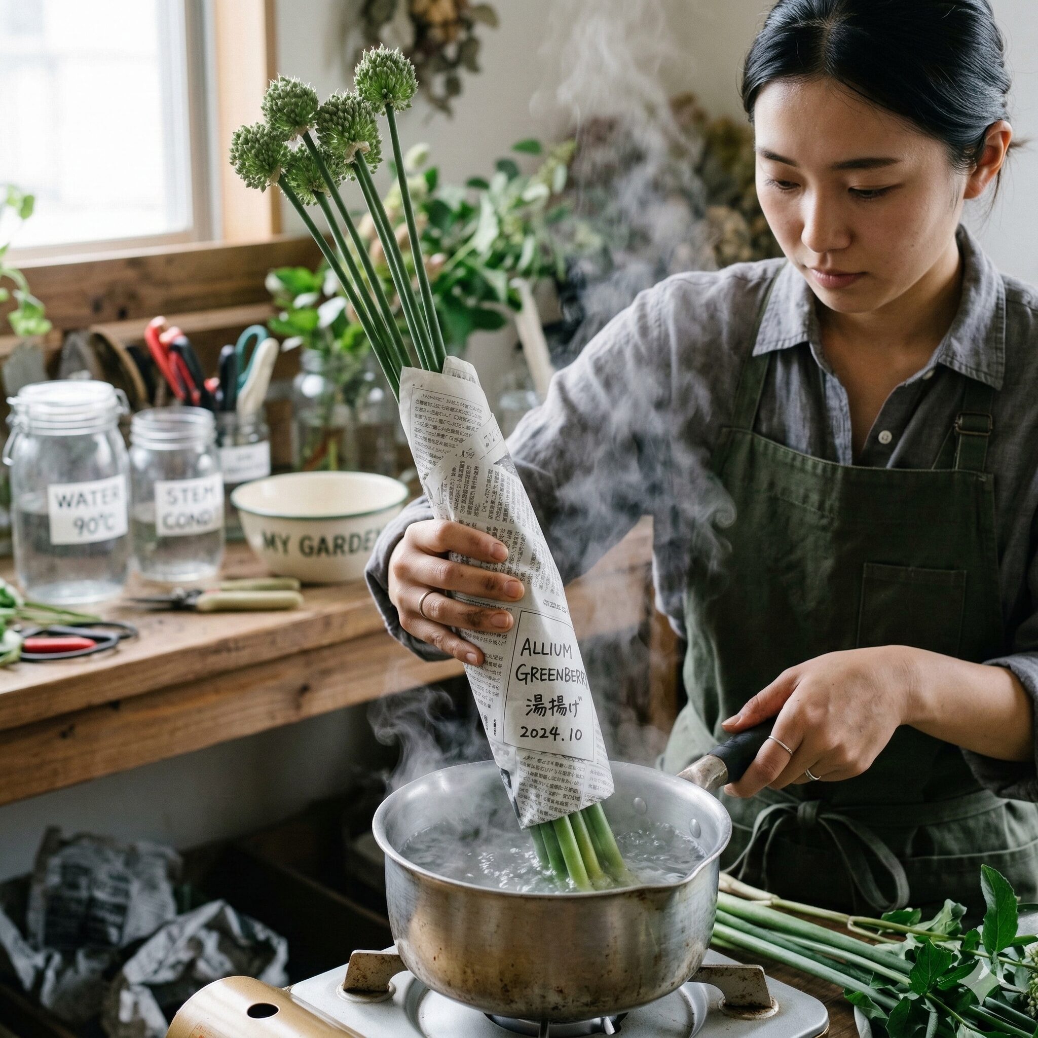 アリウム グリーン ベリー8　切り花のアリウム・グリーンベリーを長持ちさせるための湯揚げ作業のコツ