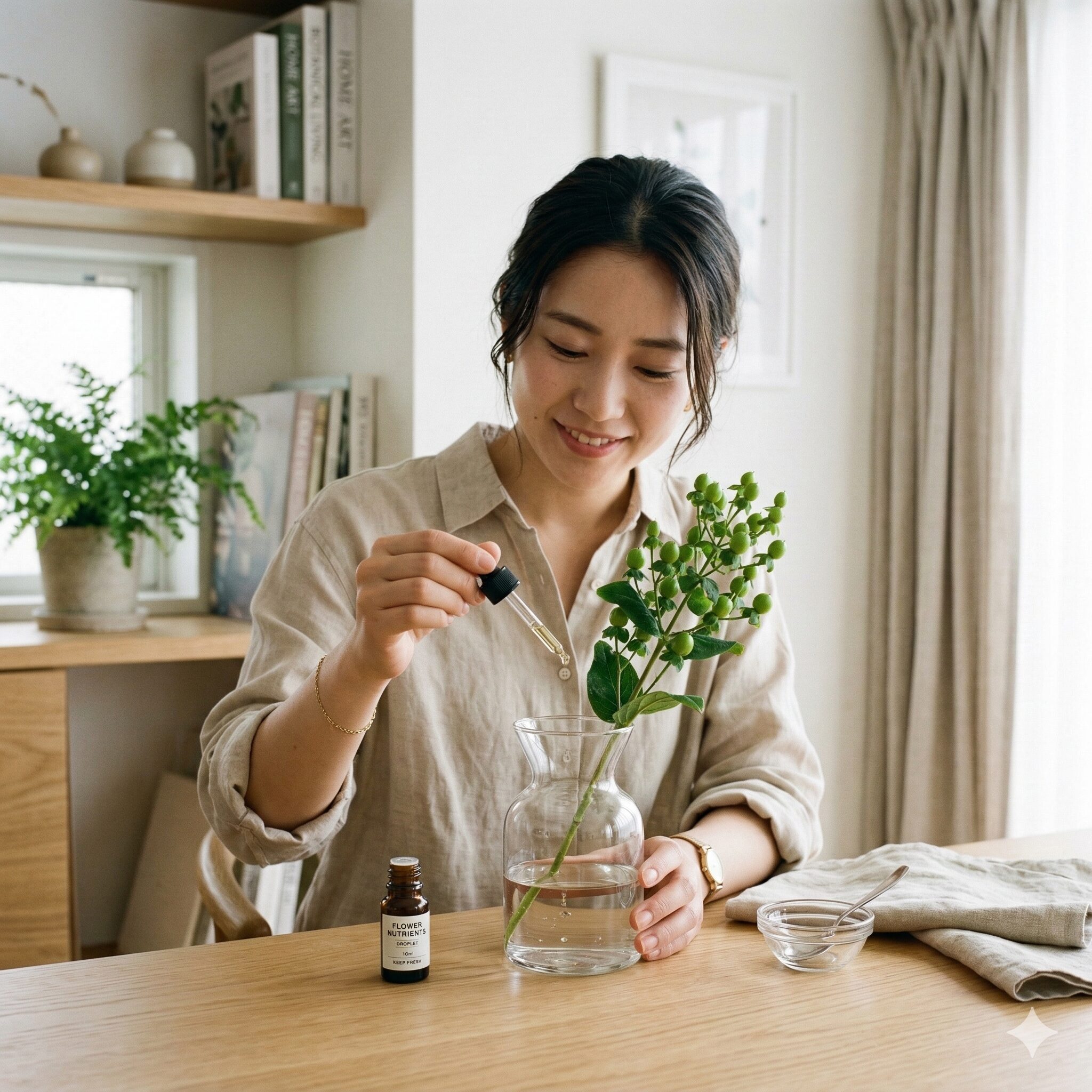 アリウム グリーン ベリー9　匂い対策と日持ち向上のために花瓶の水に延命剤を使用する様子