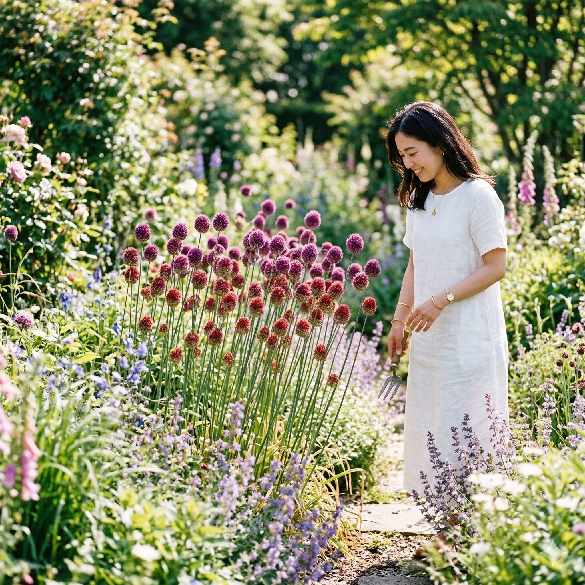 アリウム 丹頂 植えっぱなし1　初夏の庭に美しく咲き誇るアリウム 丹頂の群生。