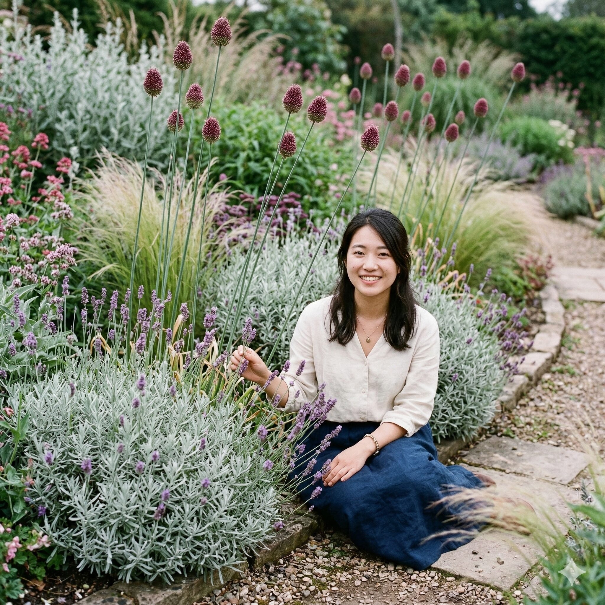 アリウム 丹頂 植えっぱなし10　ラベンダーやグラス類と組み合わせたアリウム 丹頂のガーデンデザイン例。