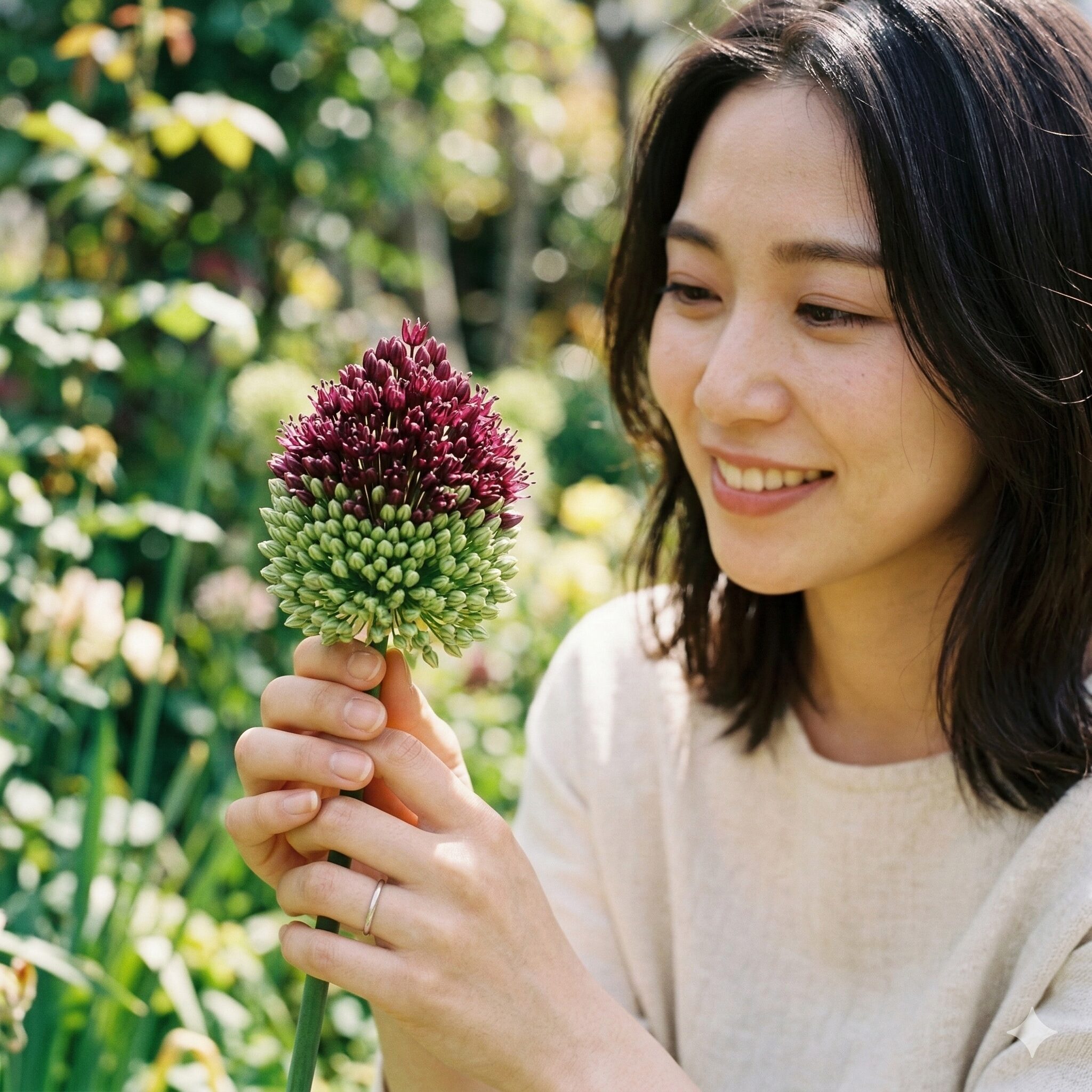 アリウム 丹頂 植えっぱなし　緑色から赤紫色へと色が変化するアリウム 丹頂の色のグラデーション。