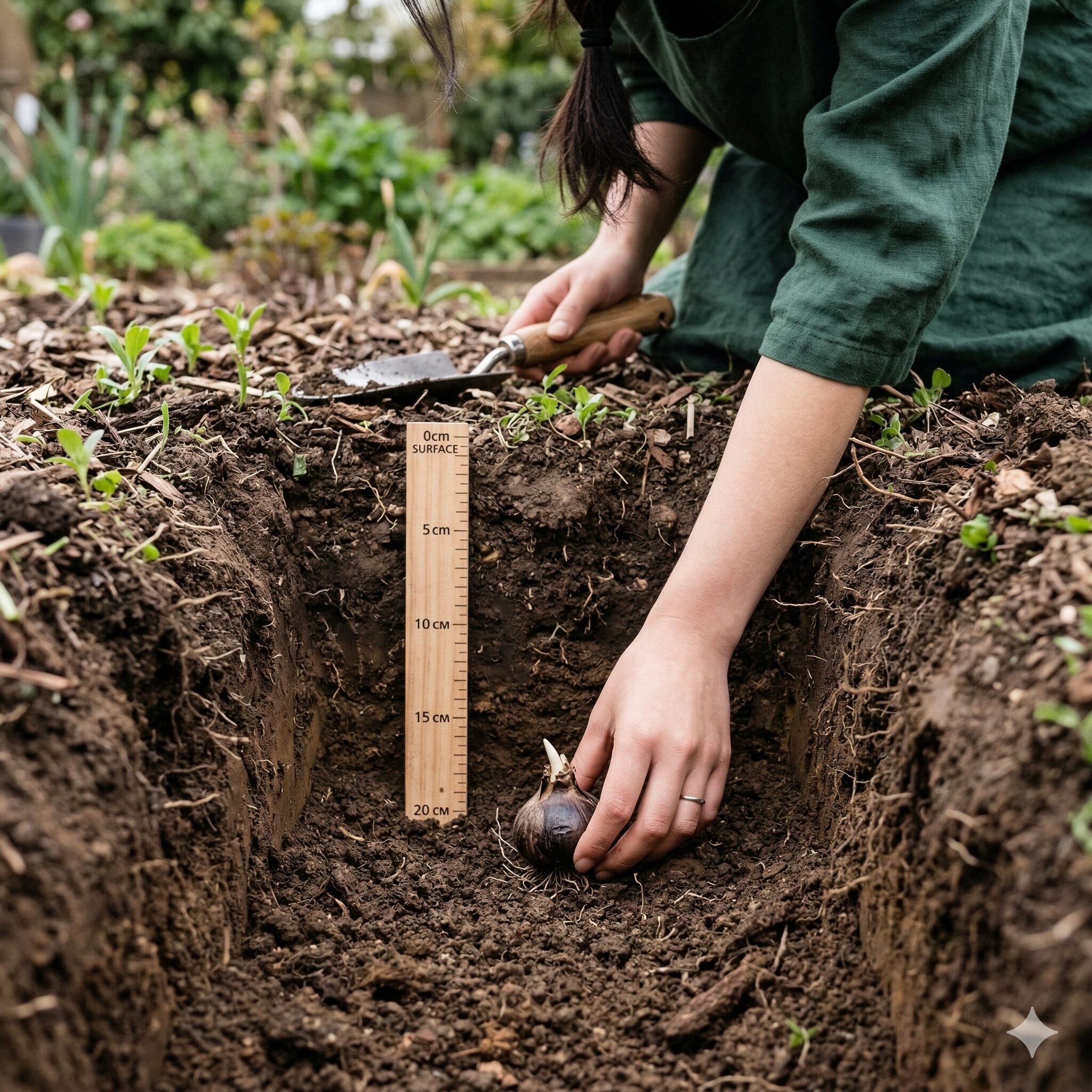 アリウム 丹頂 植えっぱなし3　倒伏防止のために15cmの深さに植え付けられたアリウム 丹頂の球根。