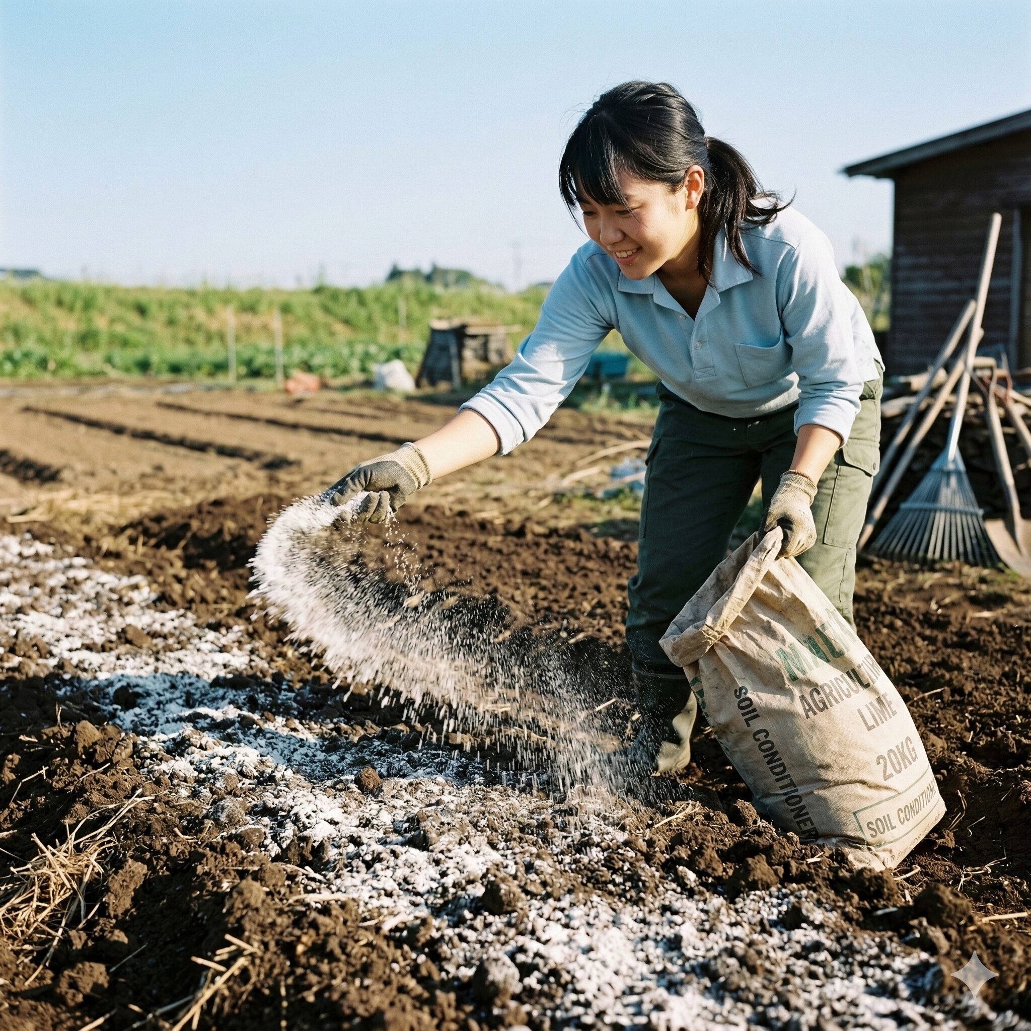 アリウム 丹頂 植えっぱなし6　アリウム 丹頂のために苦土石灰で土壌のpH調整を行う様子。