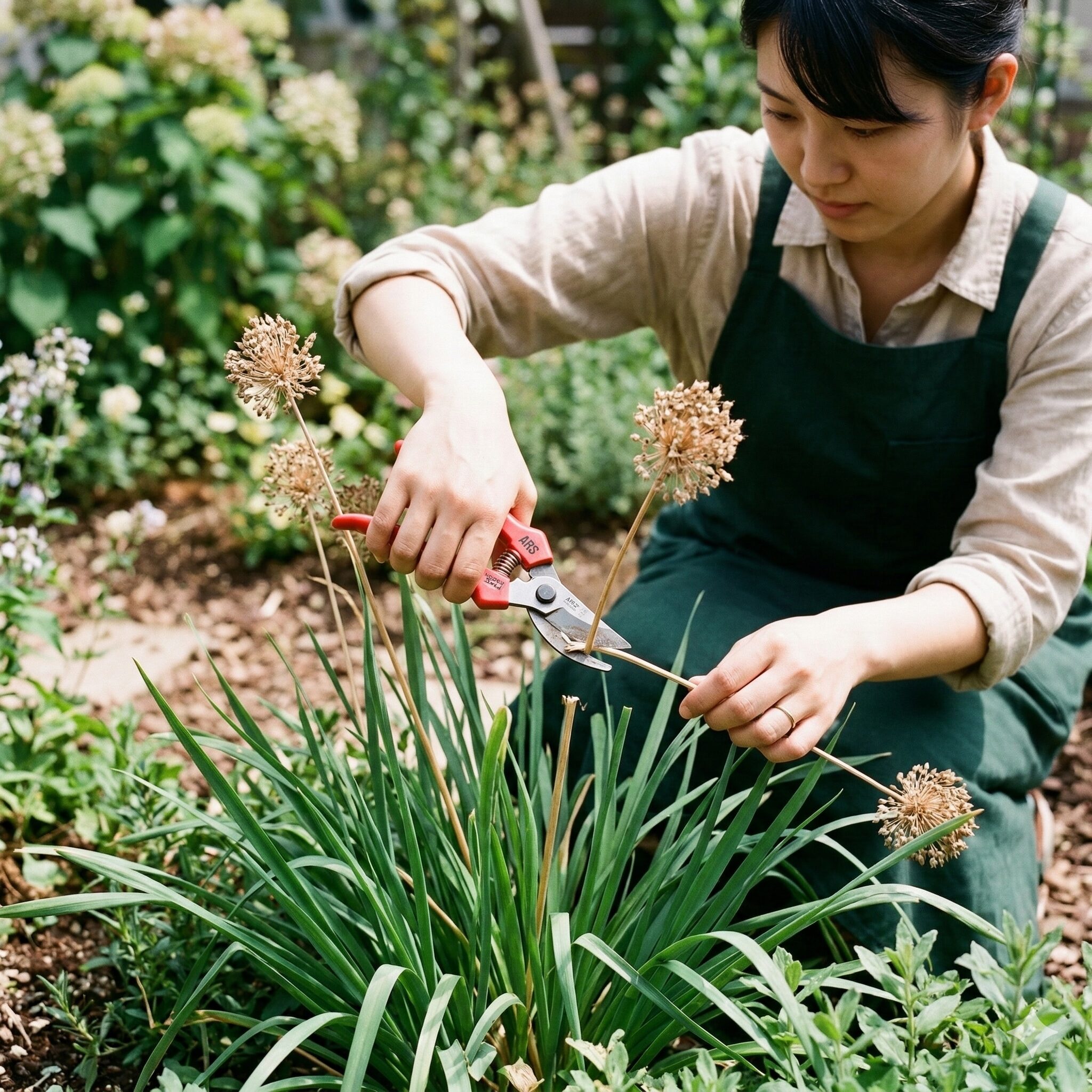 アリウム 丹頂 植えっぱなし7　翌年の開花のために花茎だけをカットし、葉を残したアリウム 丹頂のメンテナンス。
