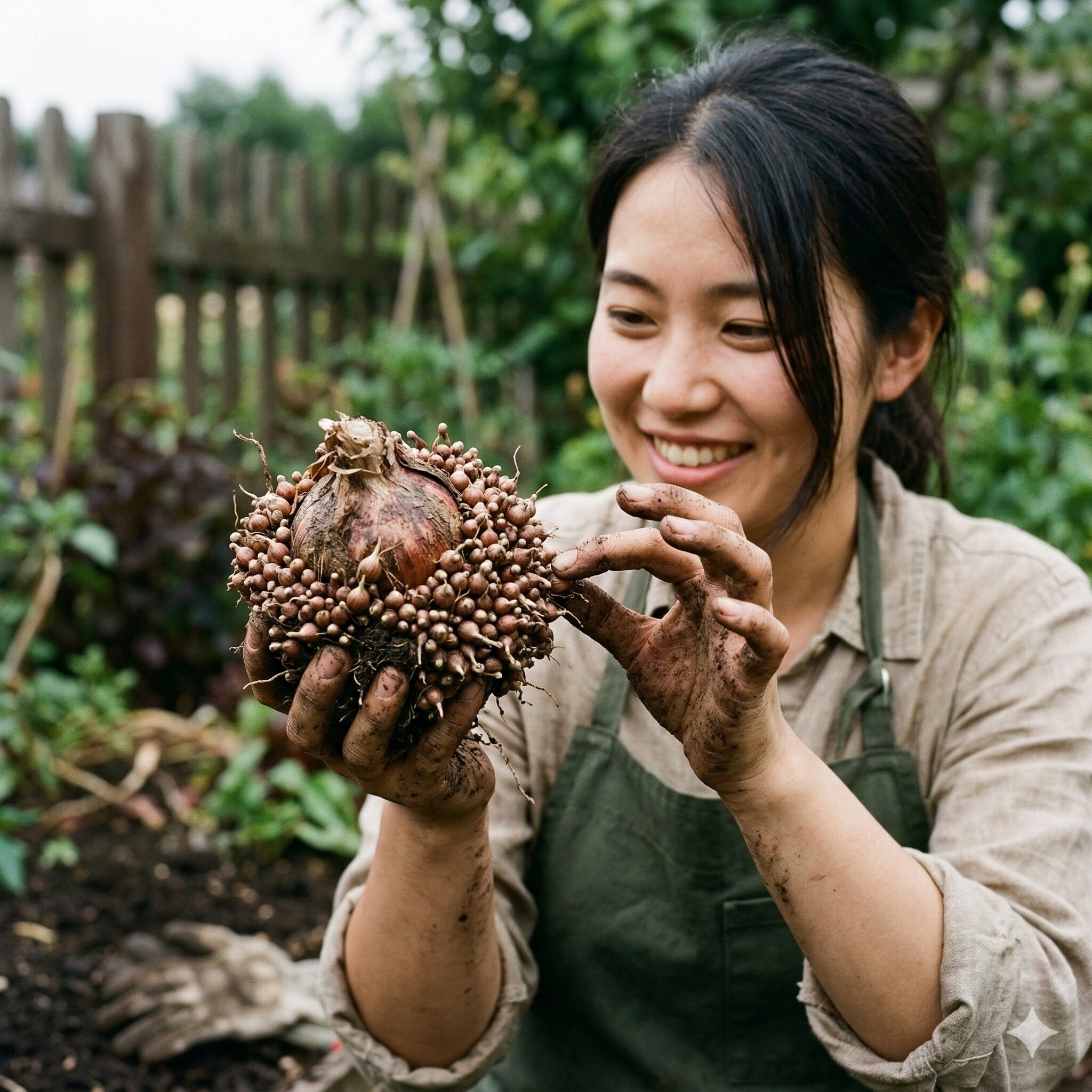 アリウム 丹頂 植えっぱなし8　3年経過して掘り上げたアリウム 丹頂の球根と、周囲に増えた小さな木子。