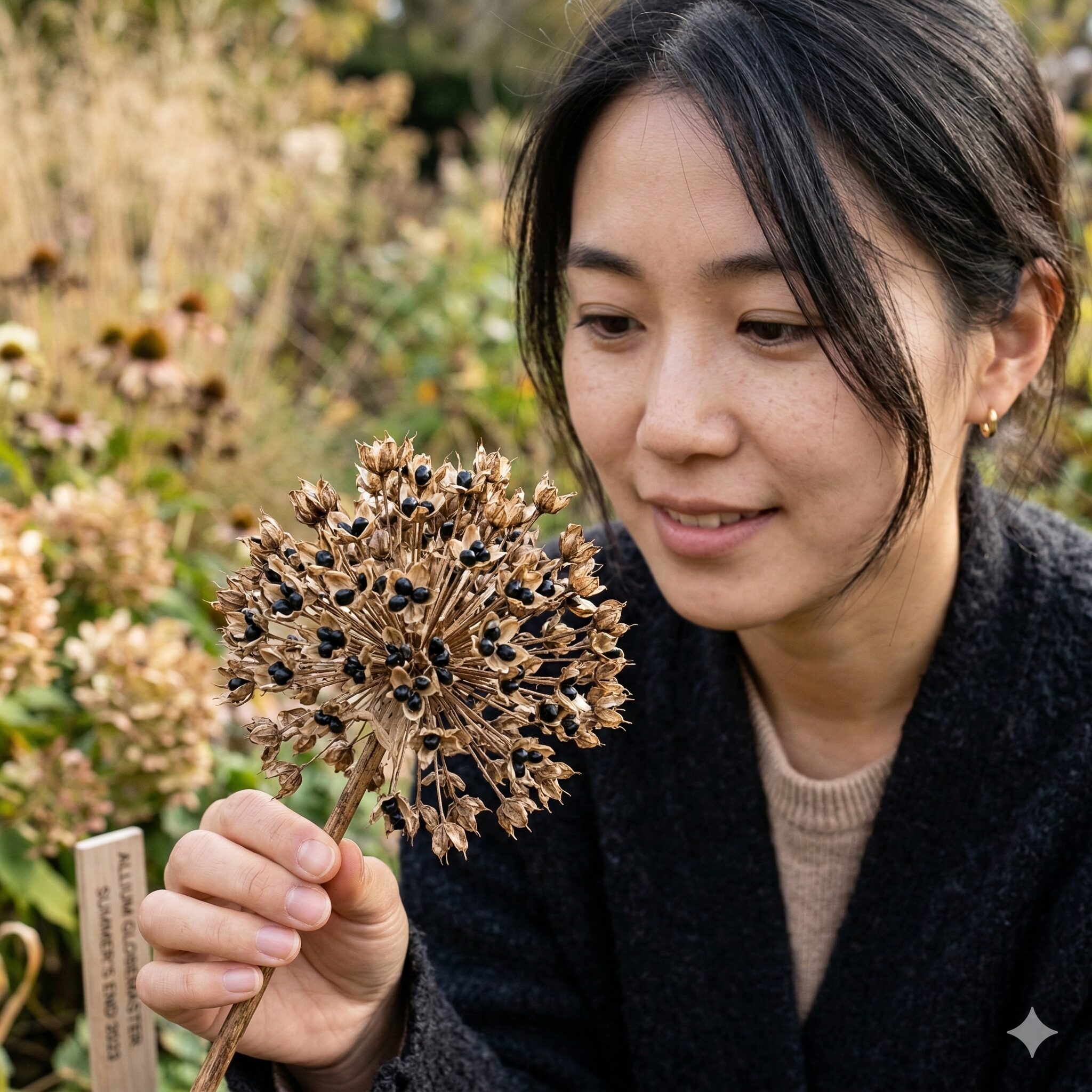 アリウム 種から育てる2　茶色く乾燥した鞘から顔をのぞかせるアリウムの真っ黒な完熟種子