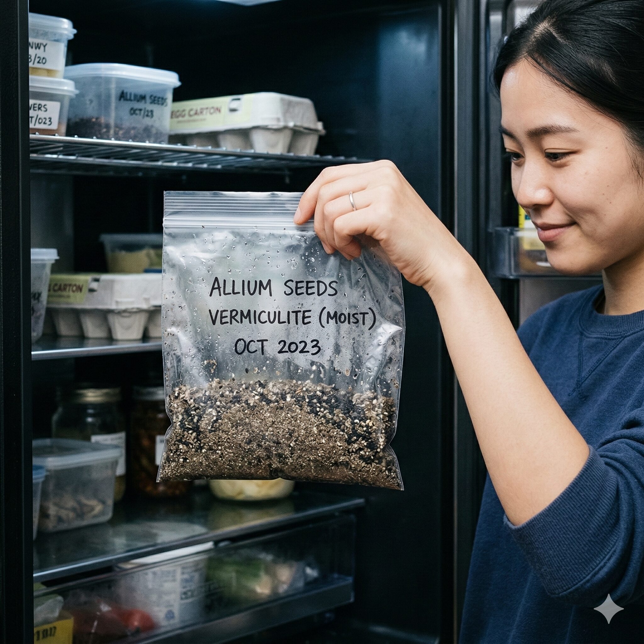 アリウム 種から育てる3　冷蔵庫内で低温湿潤処理（ストラティフィケーション）を行うアリウムの種とバーミキュライトの袋