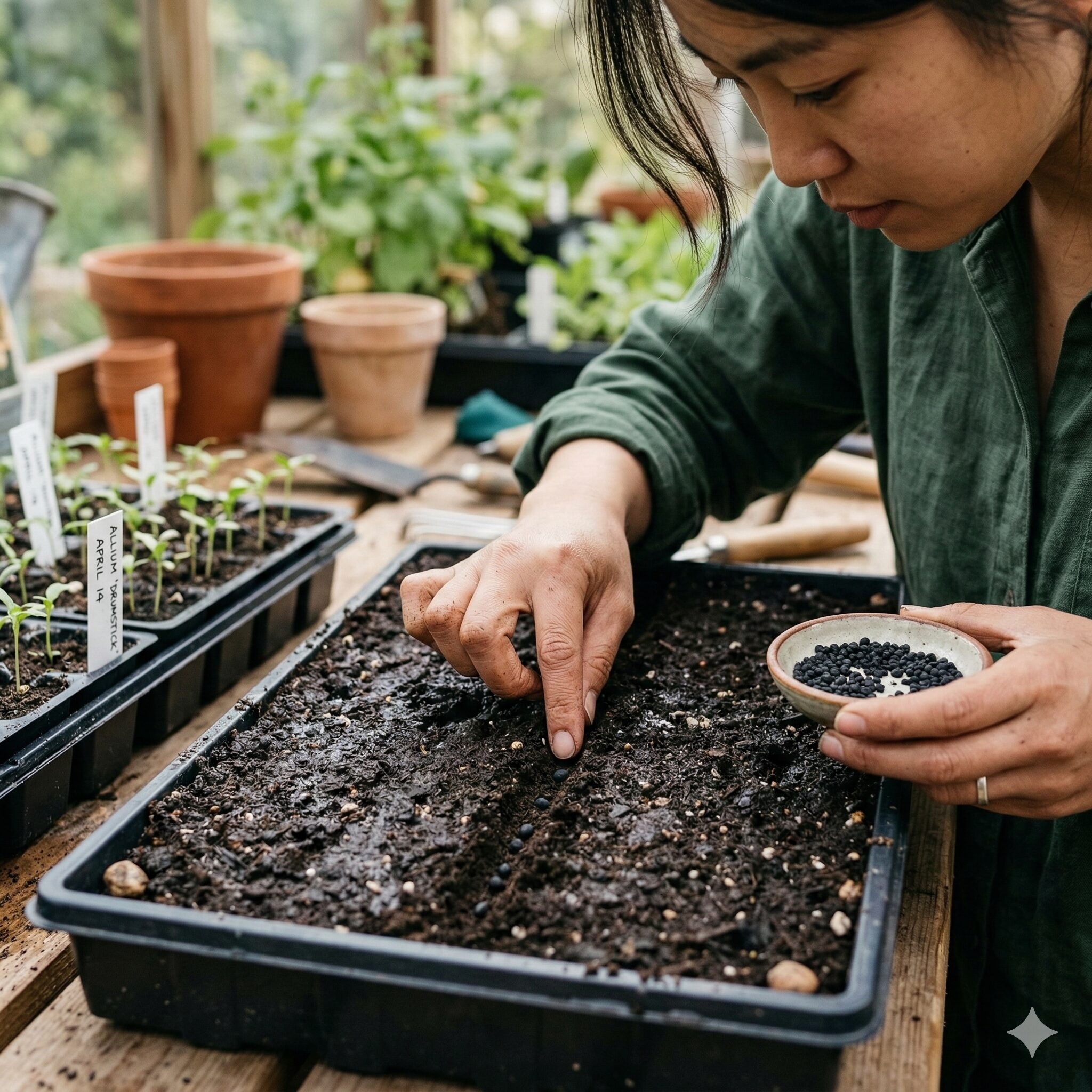 アリウム 種から育てる5　育苗トレイの土の溝にアリウムの種を等間隔で点まきする様子