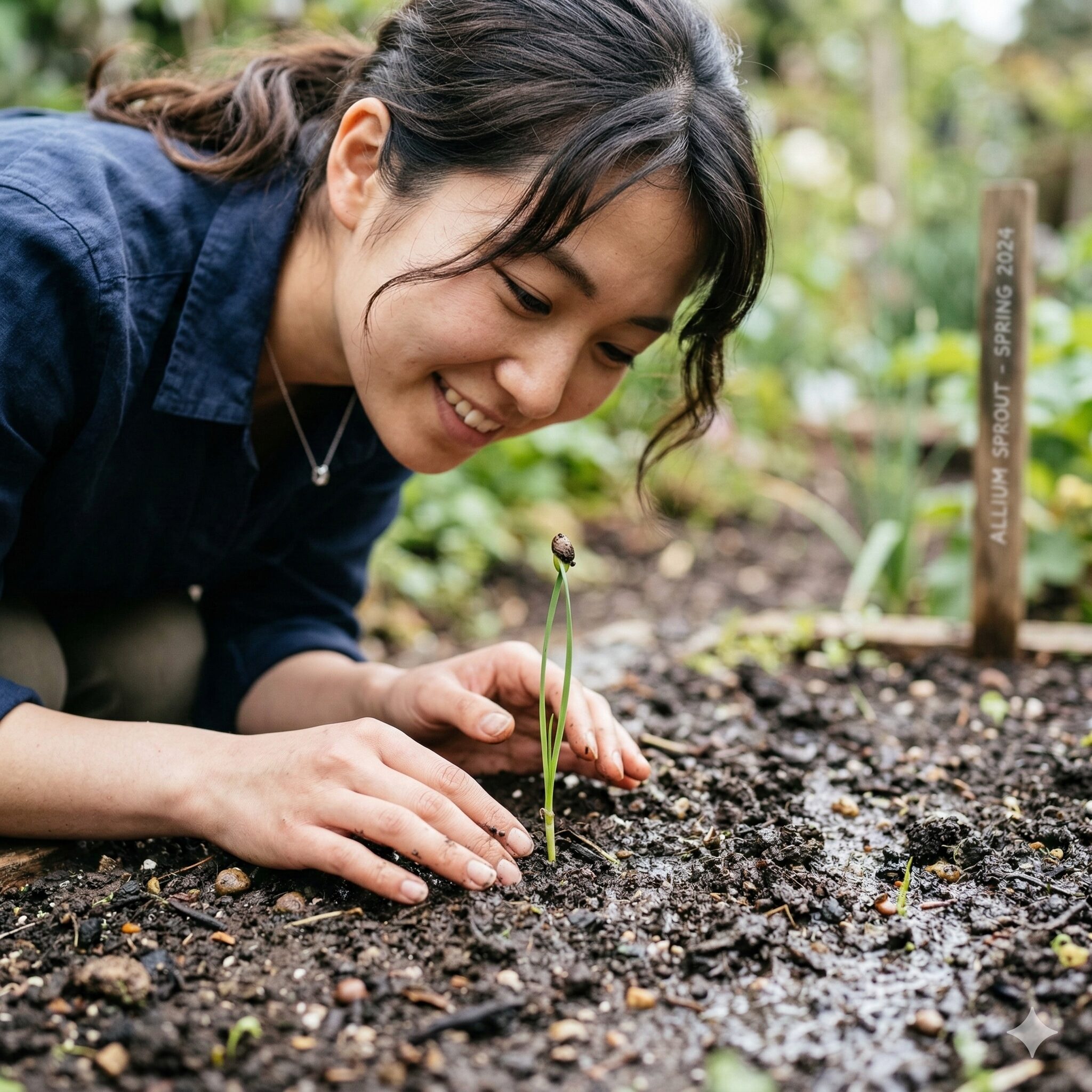 アリウム 種から育てる6　土から発芽したばかりの細く繊細なアリウムの芽