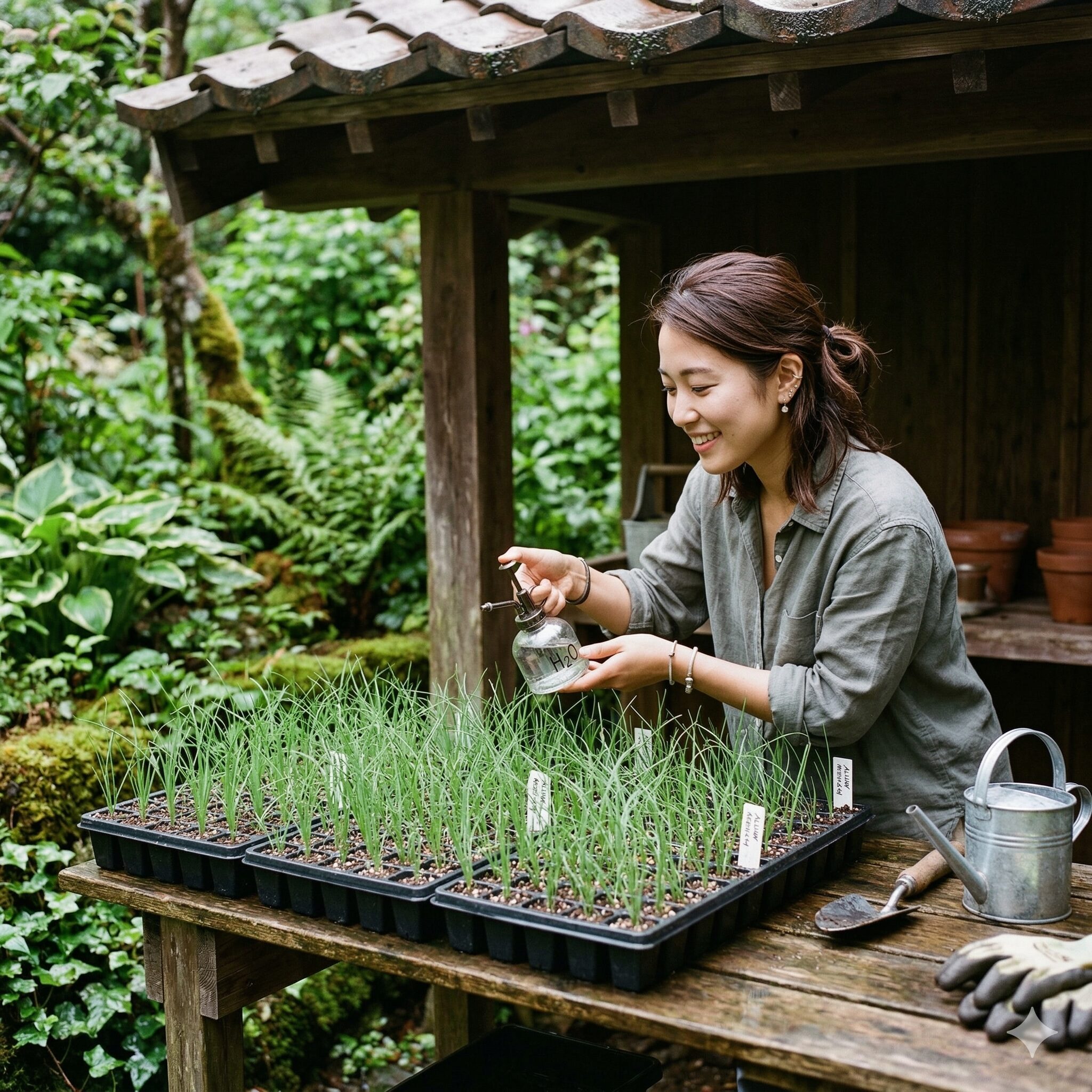 アリウム 種から育てる7　軒下の理想的な環境で育苗されているセルトレイのアリウム幼苗