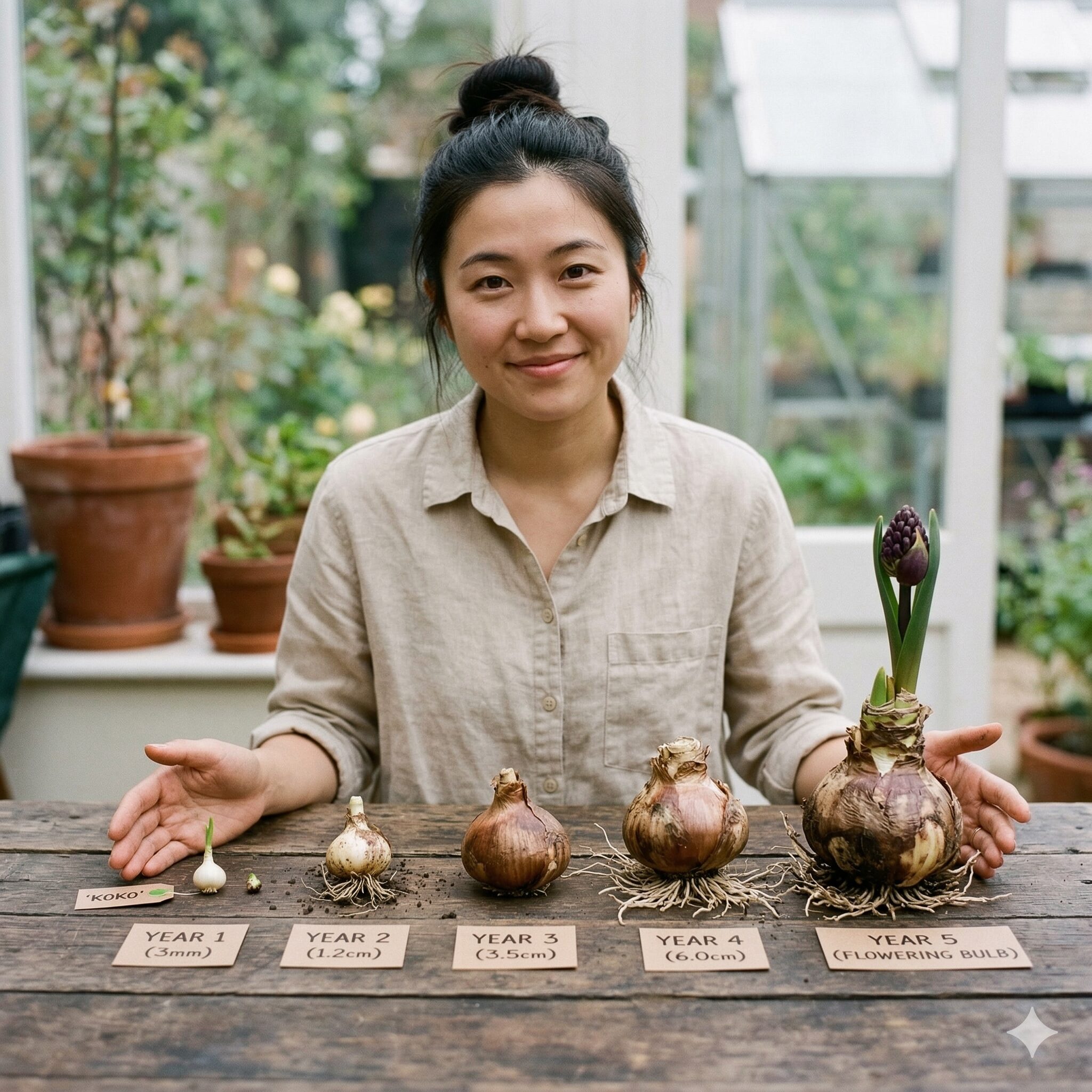 アリウム 種から育てる8　1年目から5年目まで段階的に大きく肥大していくアリウムの球根の比較