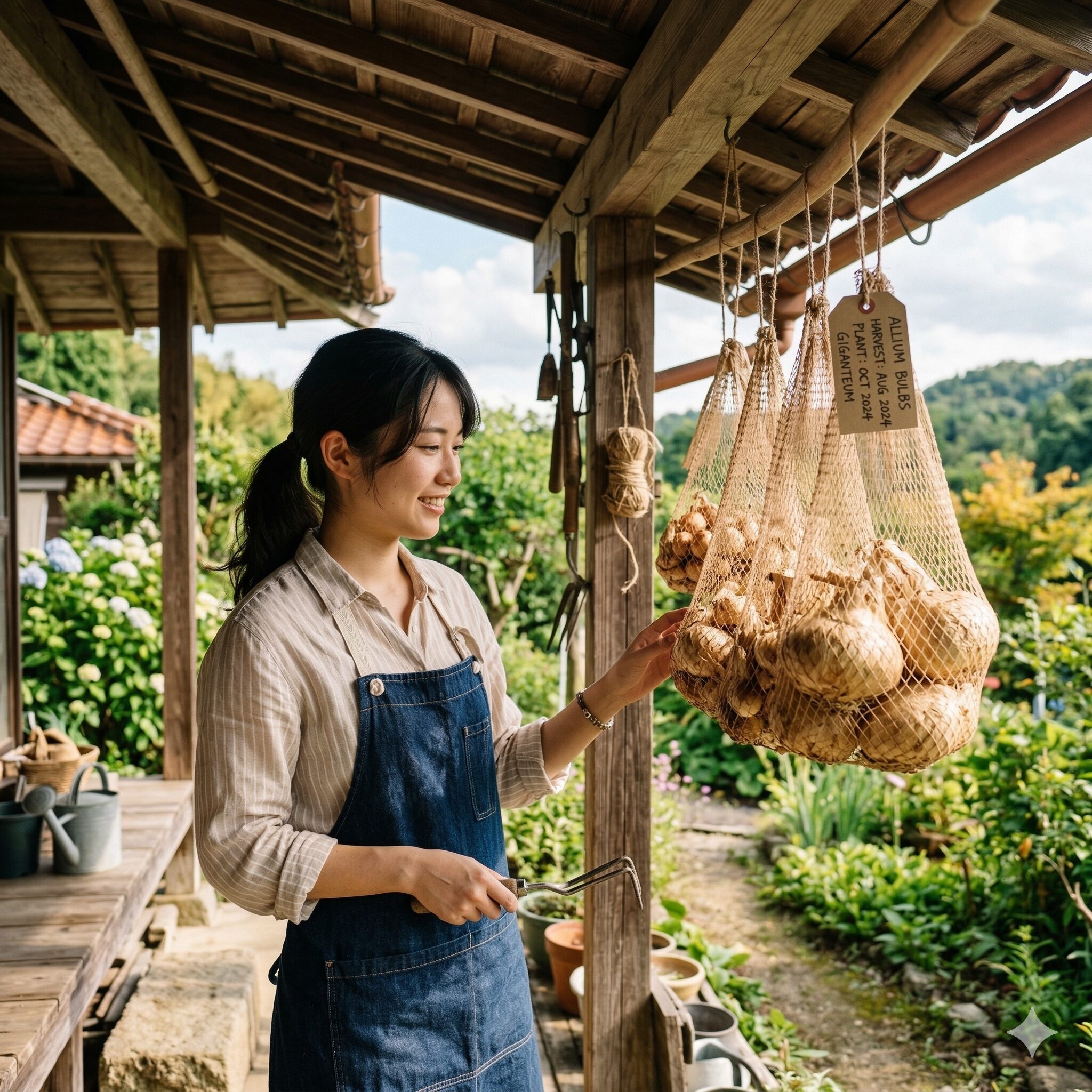 アリウム 種から育てる9　夏の休眠期にネットに入れて日陰で吊るし保存されるアリウムの球根
