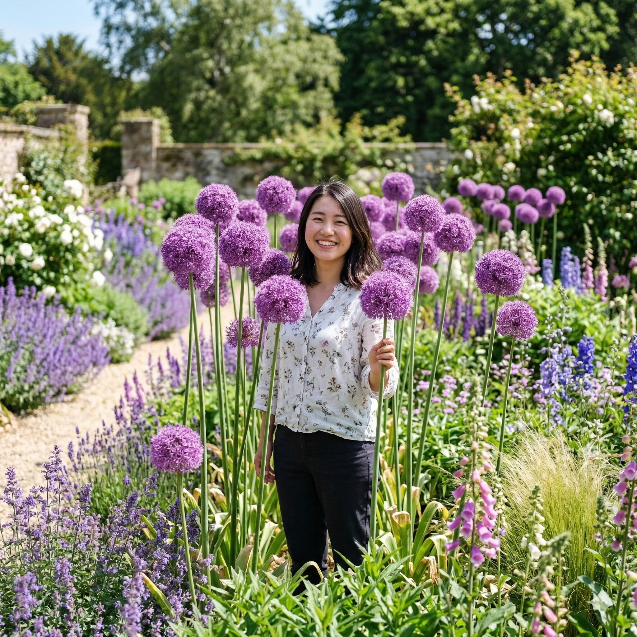 アリウムに似た花 紫1　初夏の庭で美しく垂直に伸びて咲く紫色の大きな球状の花、アリウム・ギガンチューム