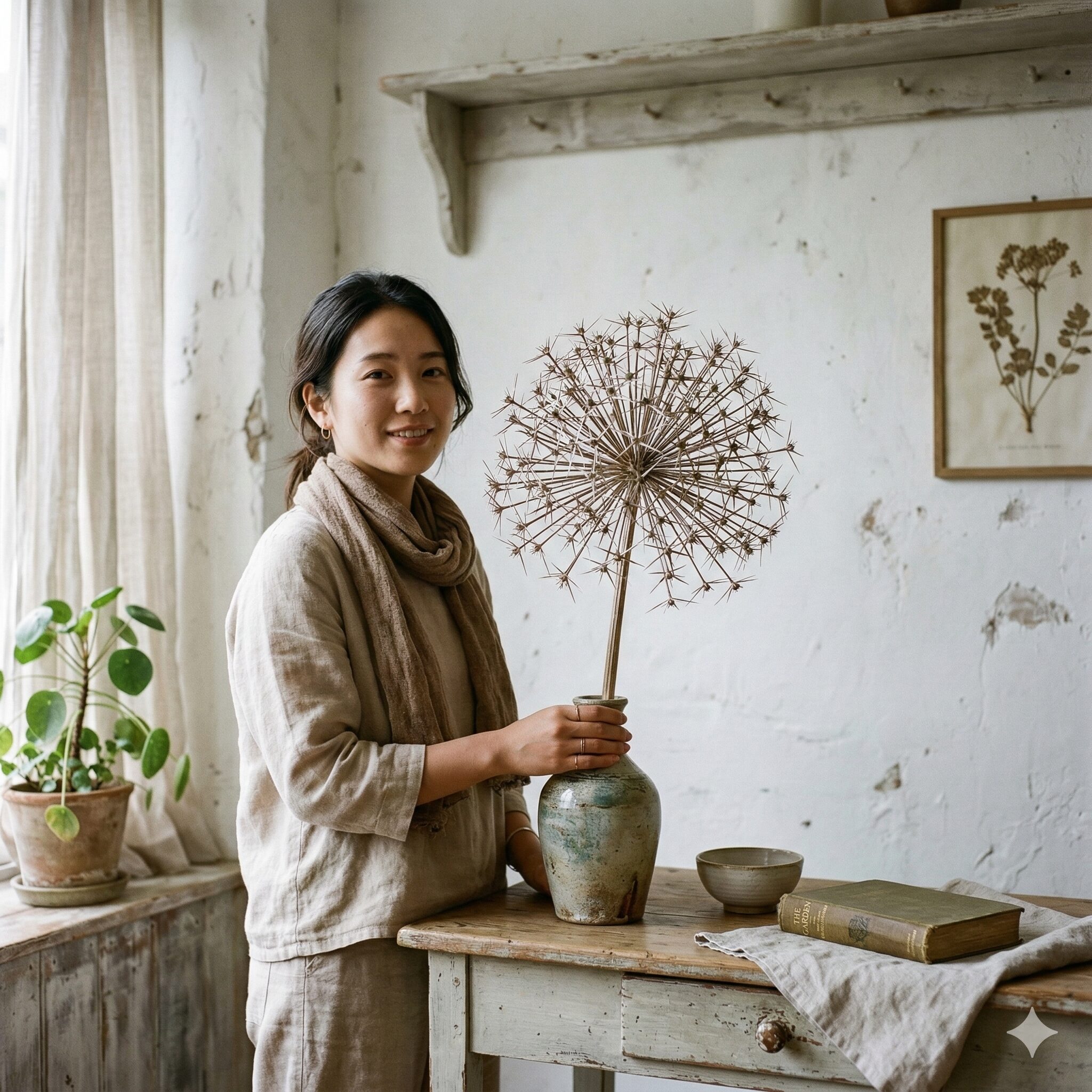 アリウムに似た花 紫10　幾何学的な形が美しいアリウム・クリストフィのドライフラワーを飾ったモダンなインテリア