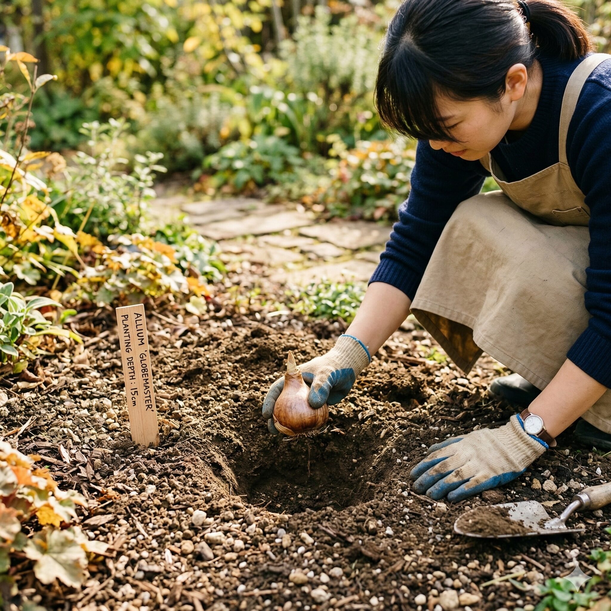 アリウムに似た花 紫4　秋の庭でアリウムの球根を適切な深さと間隔で植え付けているガーデニング作業の様子