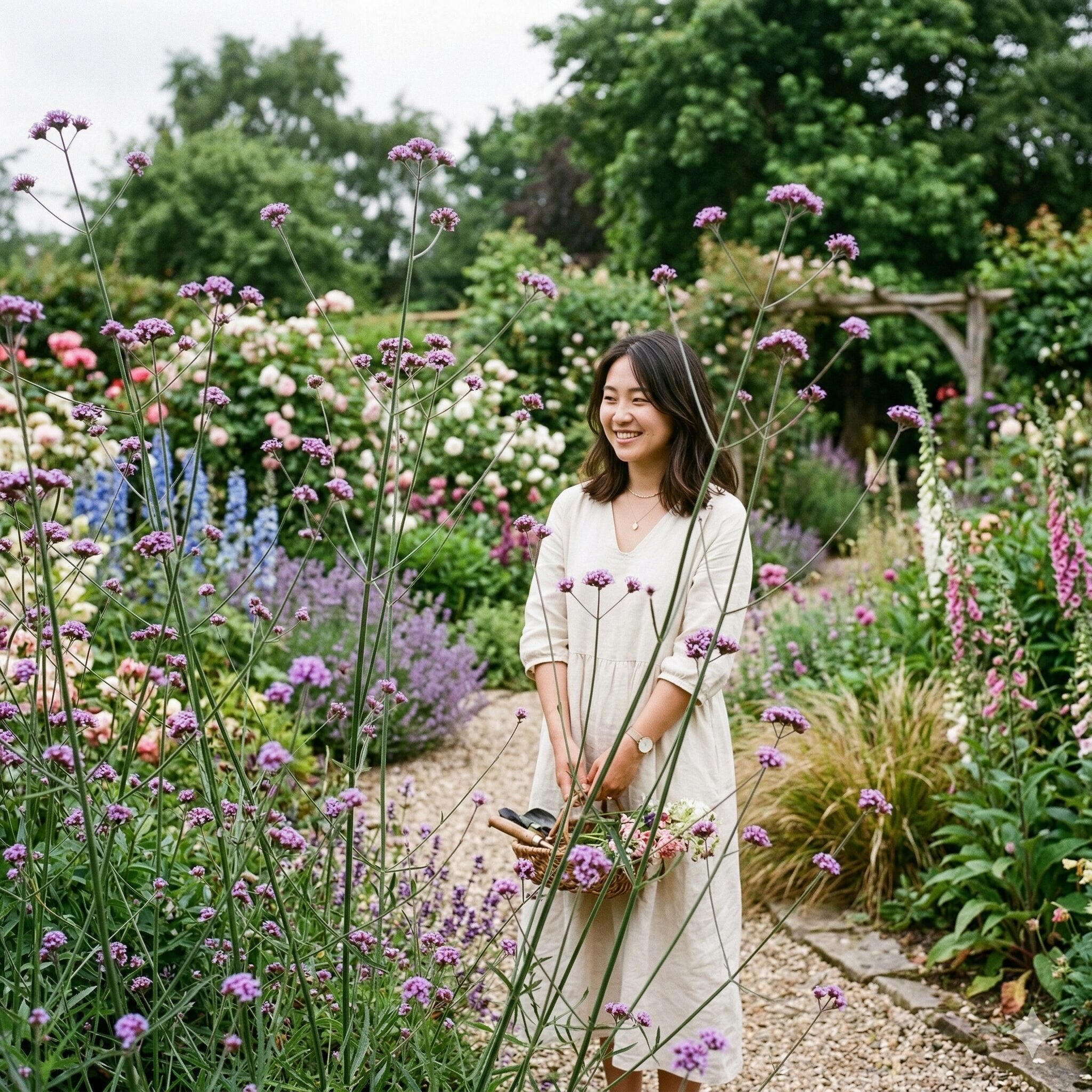 アリウムに似た花 紫6　三尺バーベナの細い茎が作る空中浮遊感と奥行きのあるシースループランツの庭