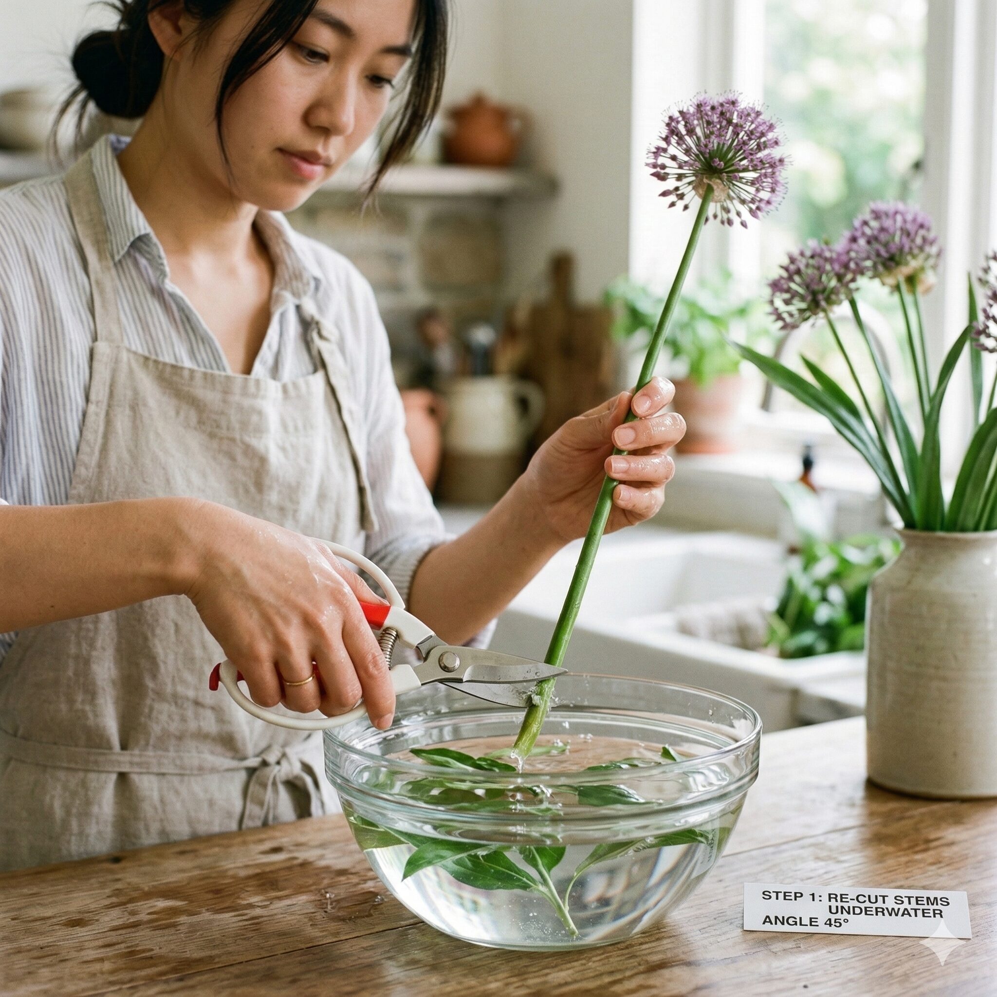 アリウムに似た花 紫9　切り花のアリウムを長持ちさせるために水中できれいに水切りを行っている様子