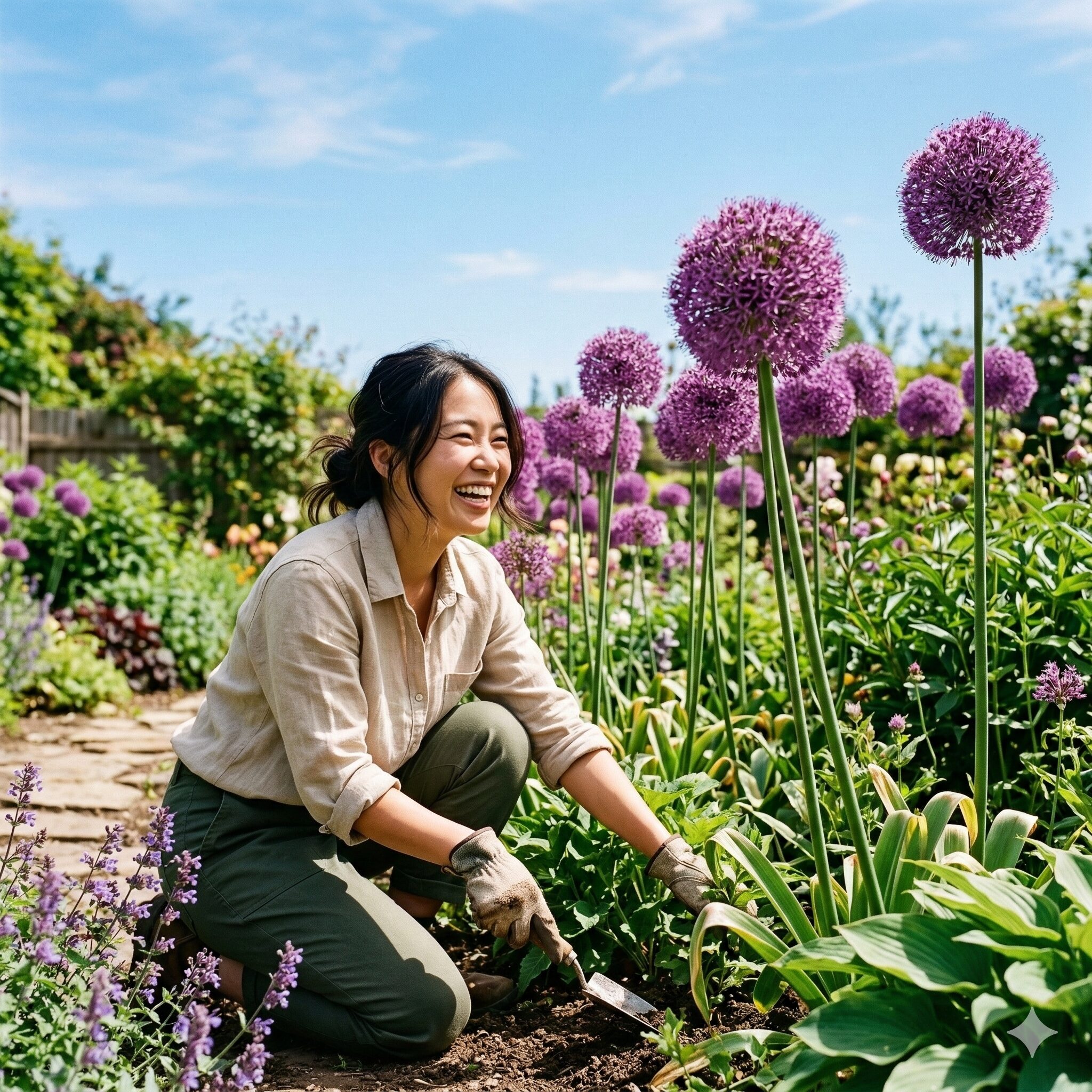アリウム球根掘り上げ1　庭園で満開に咲く巨大な紫のアリウム・ギガンチウムの花