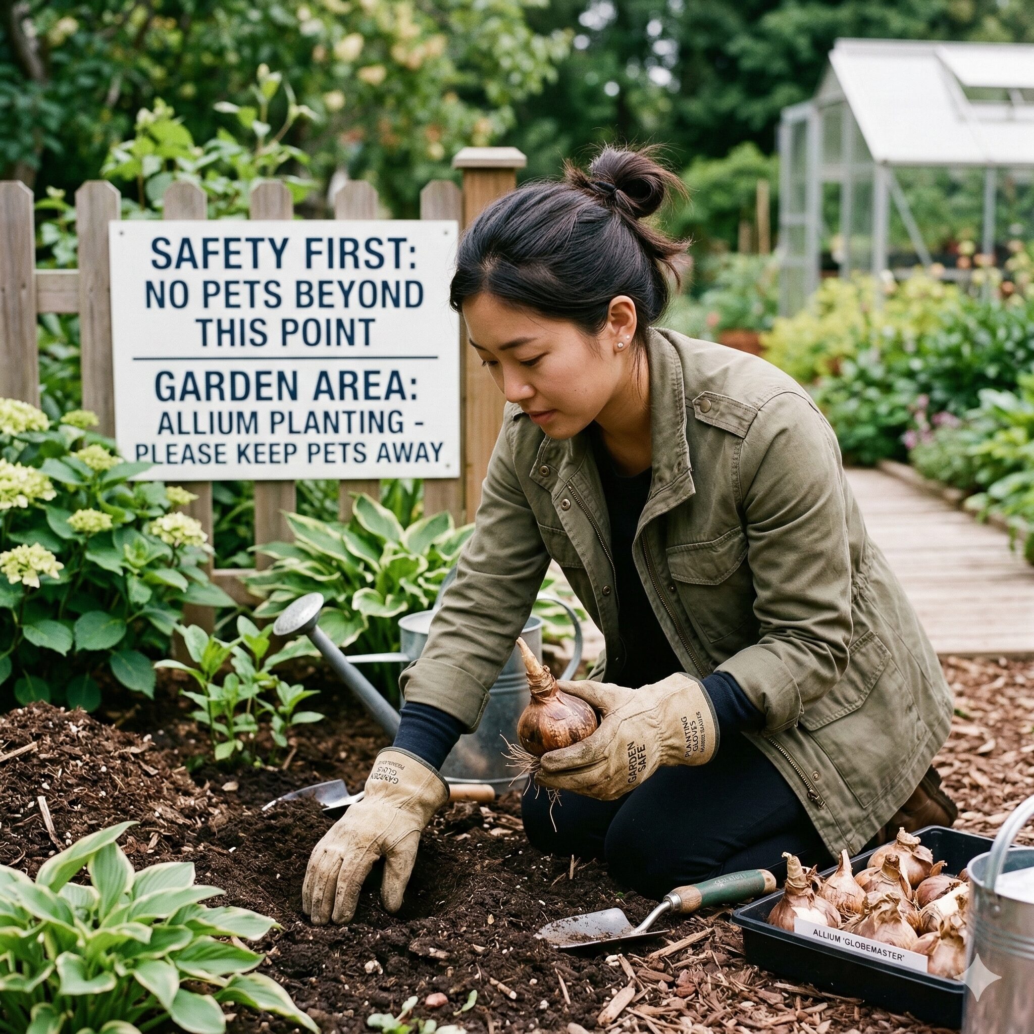 アリウム球根掘り上げ10 球根の刺激から手を守るためのガーデニンググローブ着用