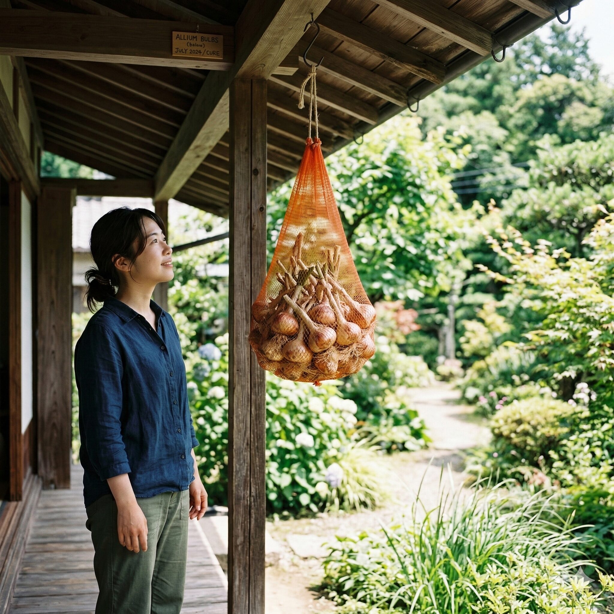 アリウム球根掘り上げ11 風通しの良い日陰で吊るして保存されるアリウムの球根